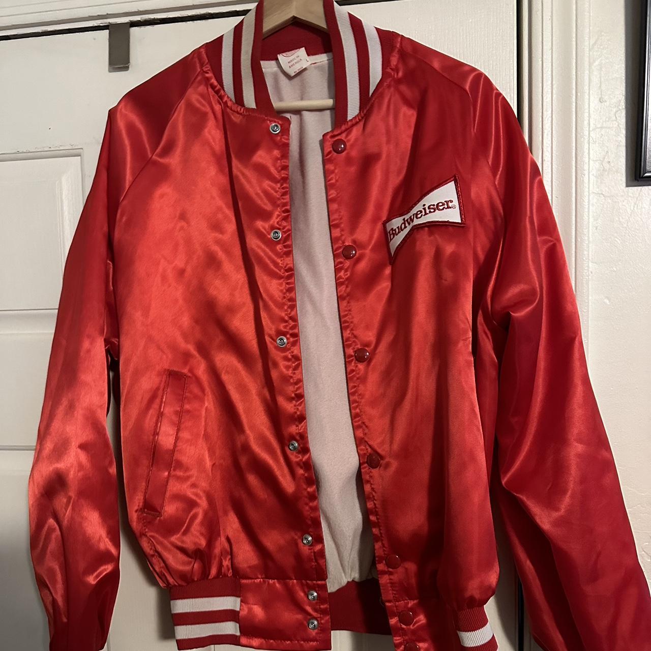 Large vintage 80s budweiser red nylon jacket. In... - Depop