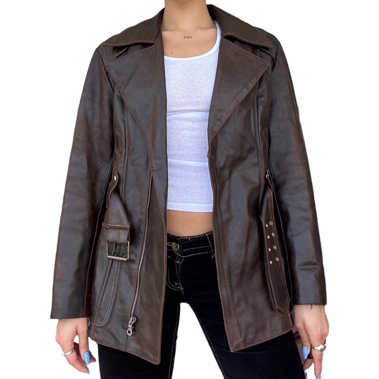 Vintage brown leather jacket bikercore motorcycle - Depop
