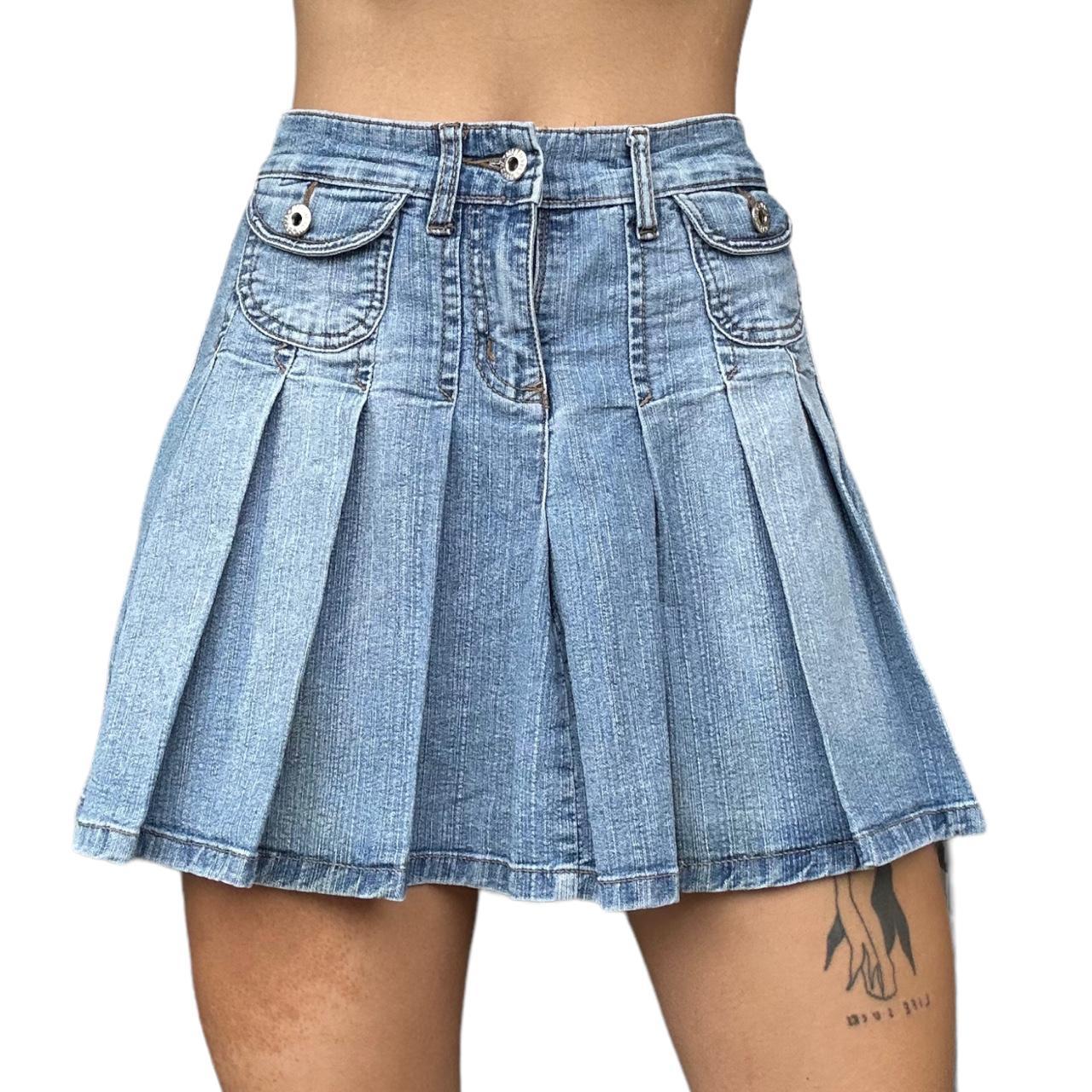 Y2k denim pleated skirt cute front pockets high... - Depop