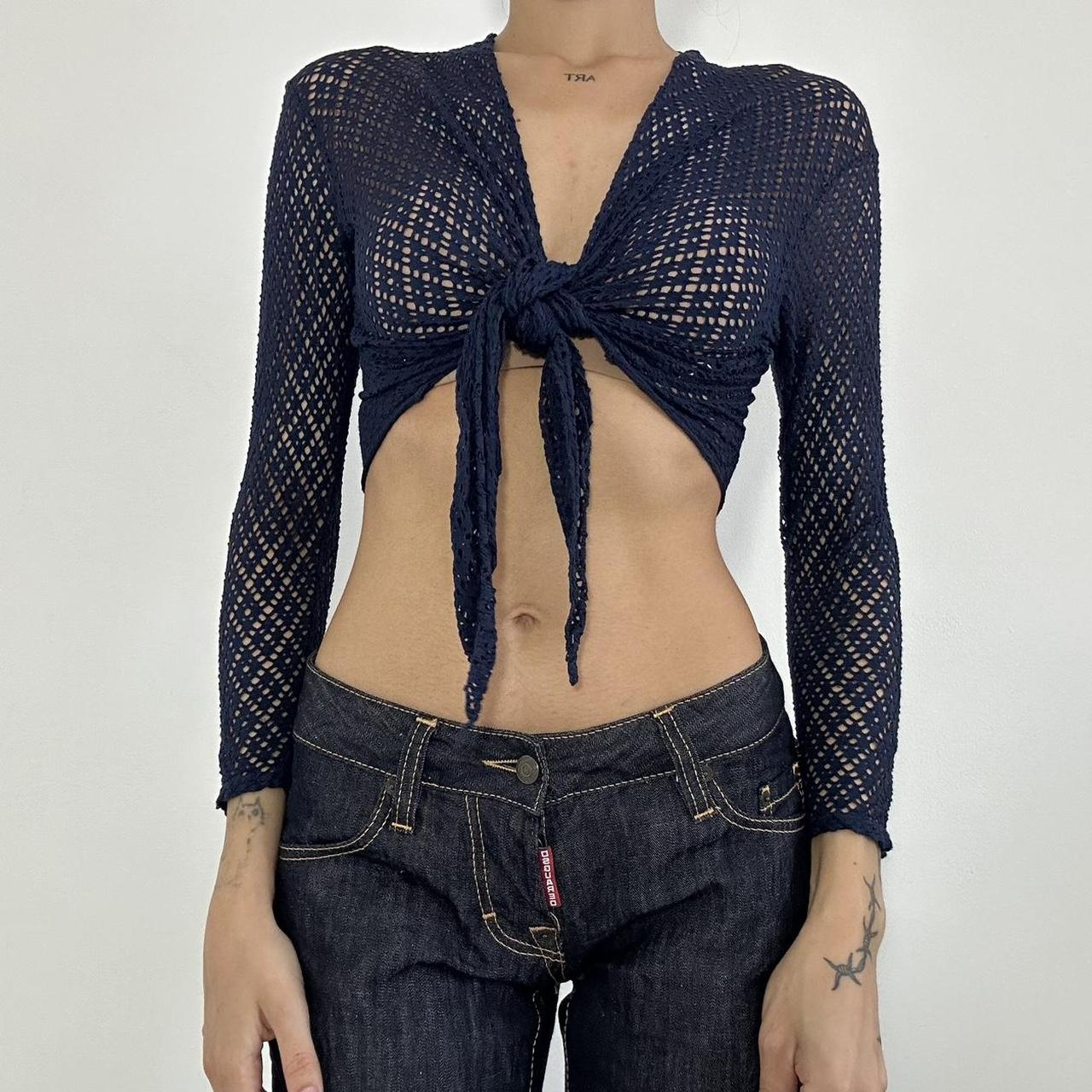 Fishnet tie front top 2000s y2k Italian navy blue