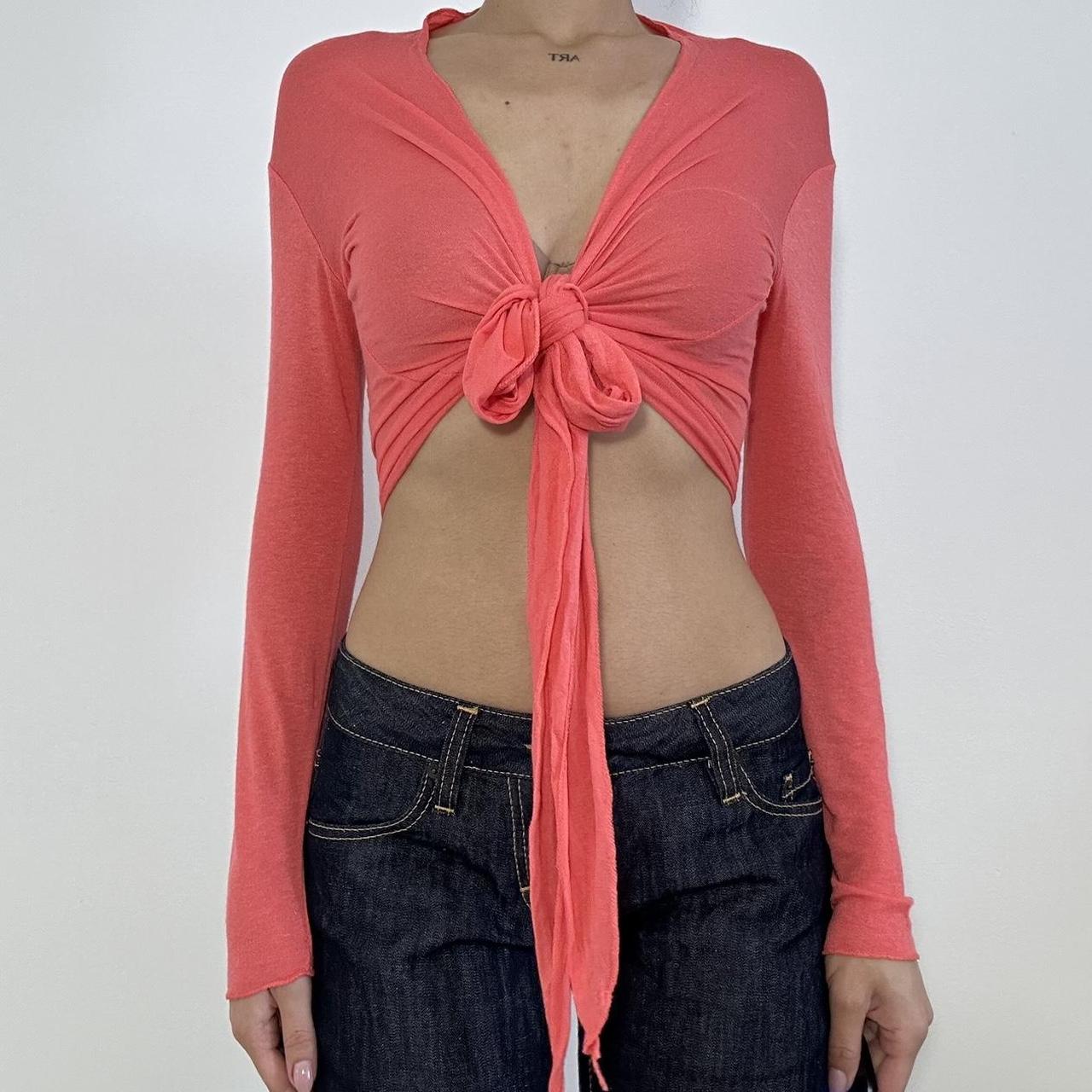 Y2k tie front top 2000s y2k peachy tomato red long | Depop