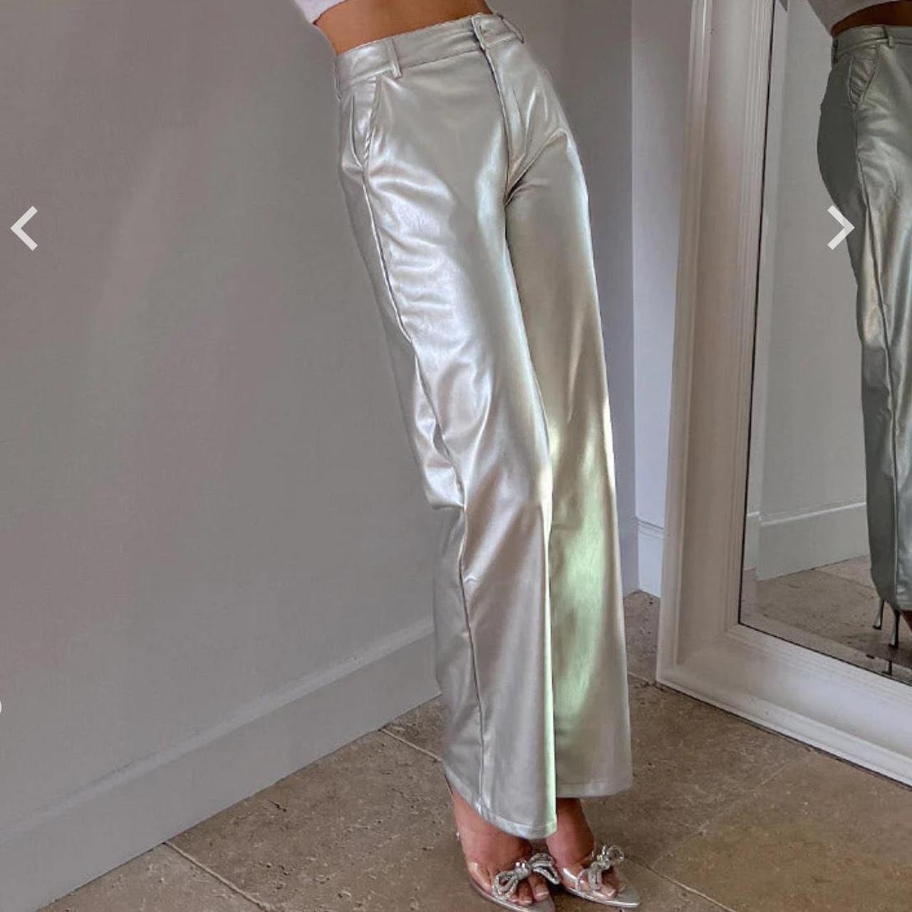 JCrew silver metallic pants. Slim Demi Boot style in - Depop