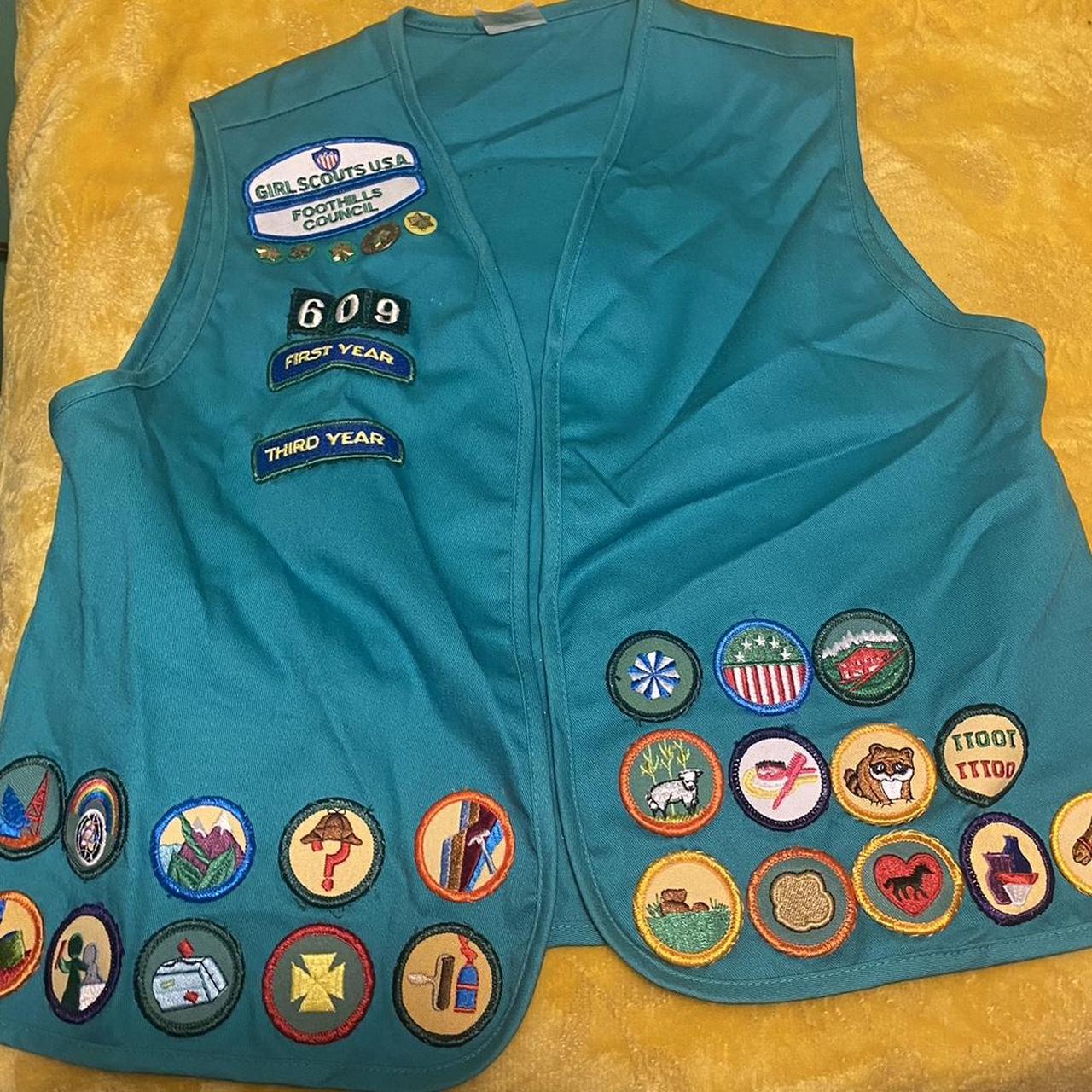 2000s vintage girl scouts vest with badges and pins... Depop