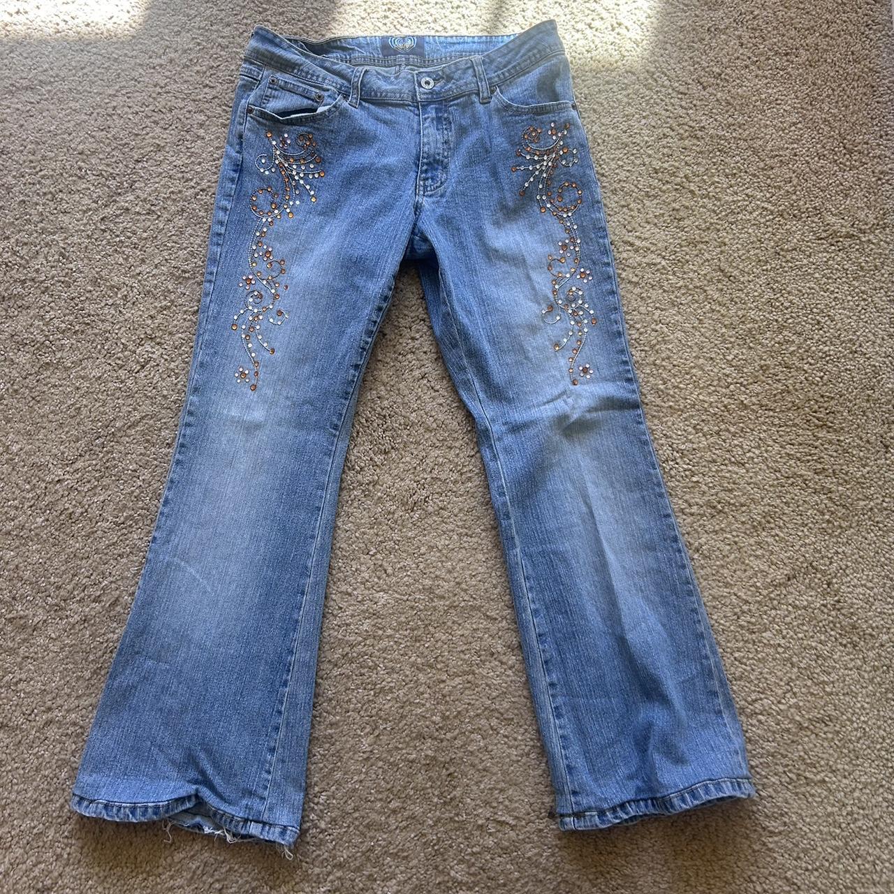 y2k angels jeans bedazzled low rise flares size 13 | Depop