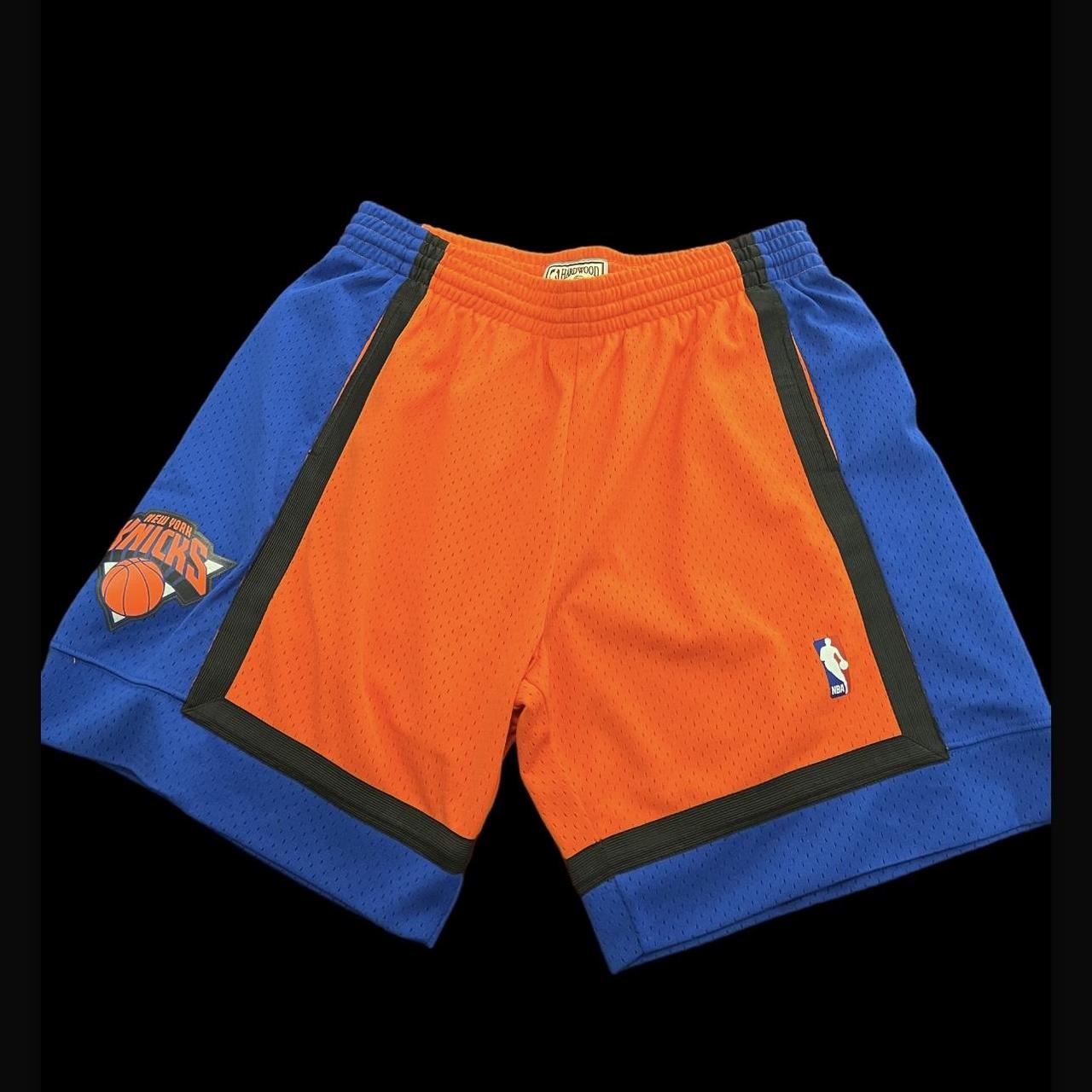 Mitchell & Ness Men's Orange and Blue Shorts Depop