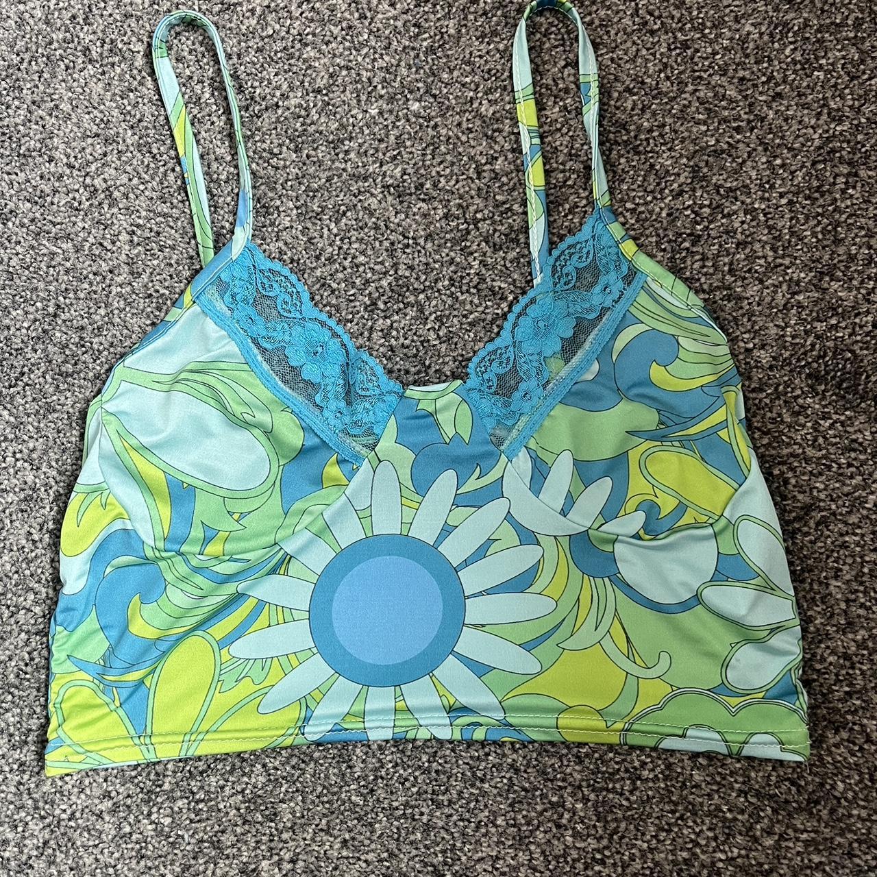 PLT blue floral lace trim strappy crop top. Size 10.... - Depop