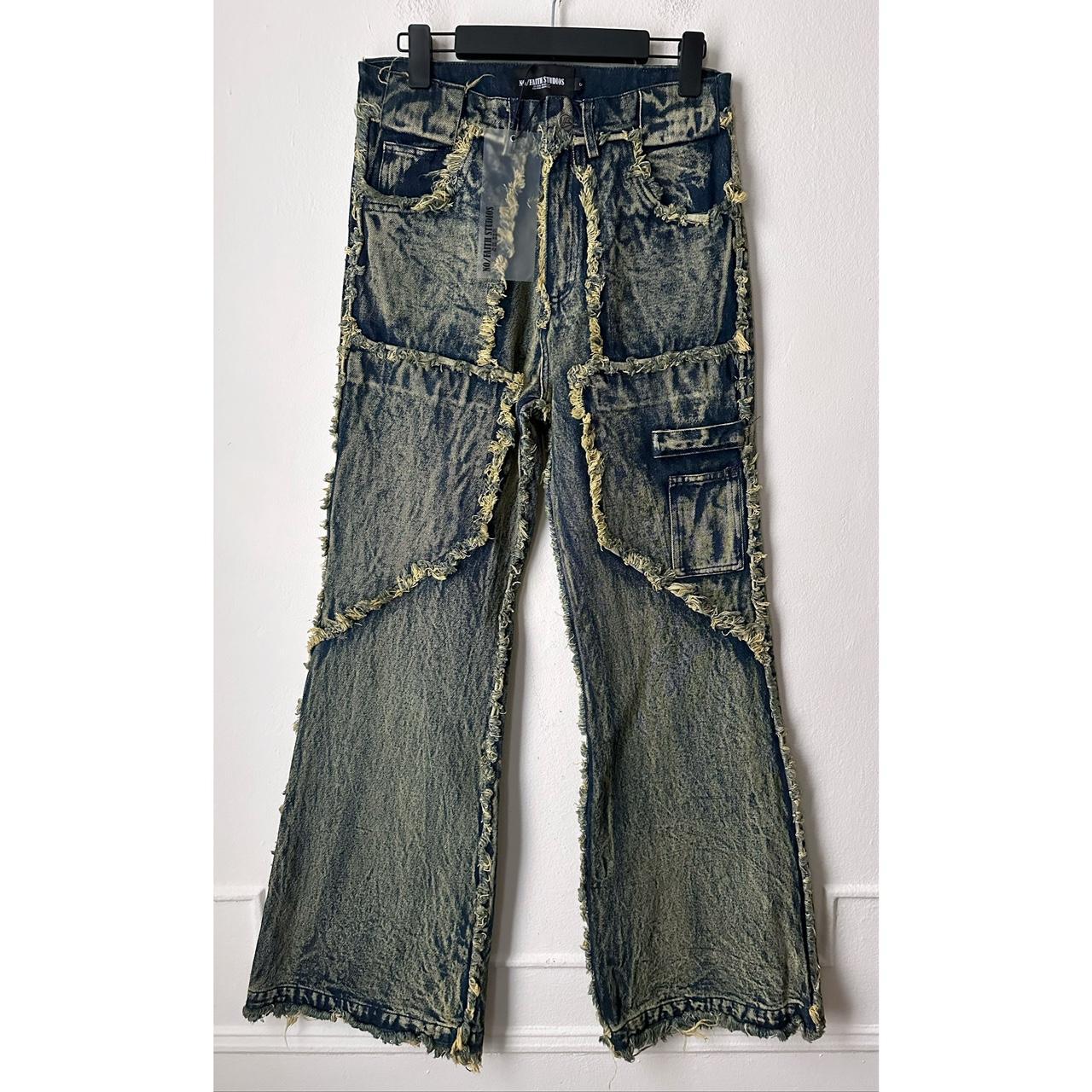 No Faith Studios Distressed Denim Flare Jeans New... - Depop