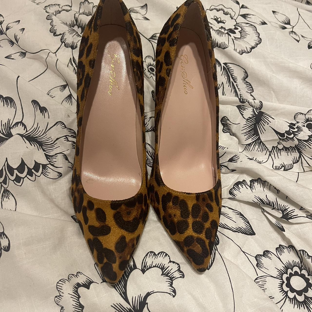 fuzzy cheetah print heels size women s Depop