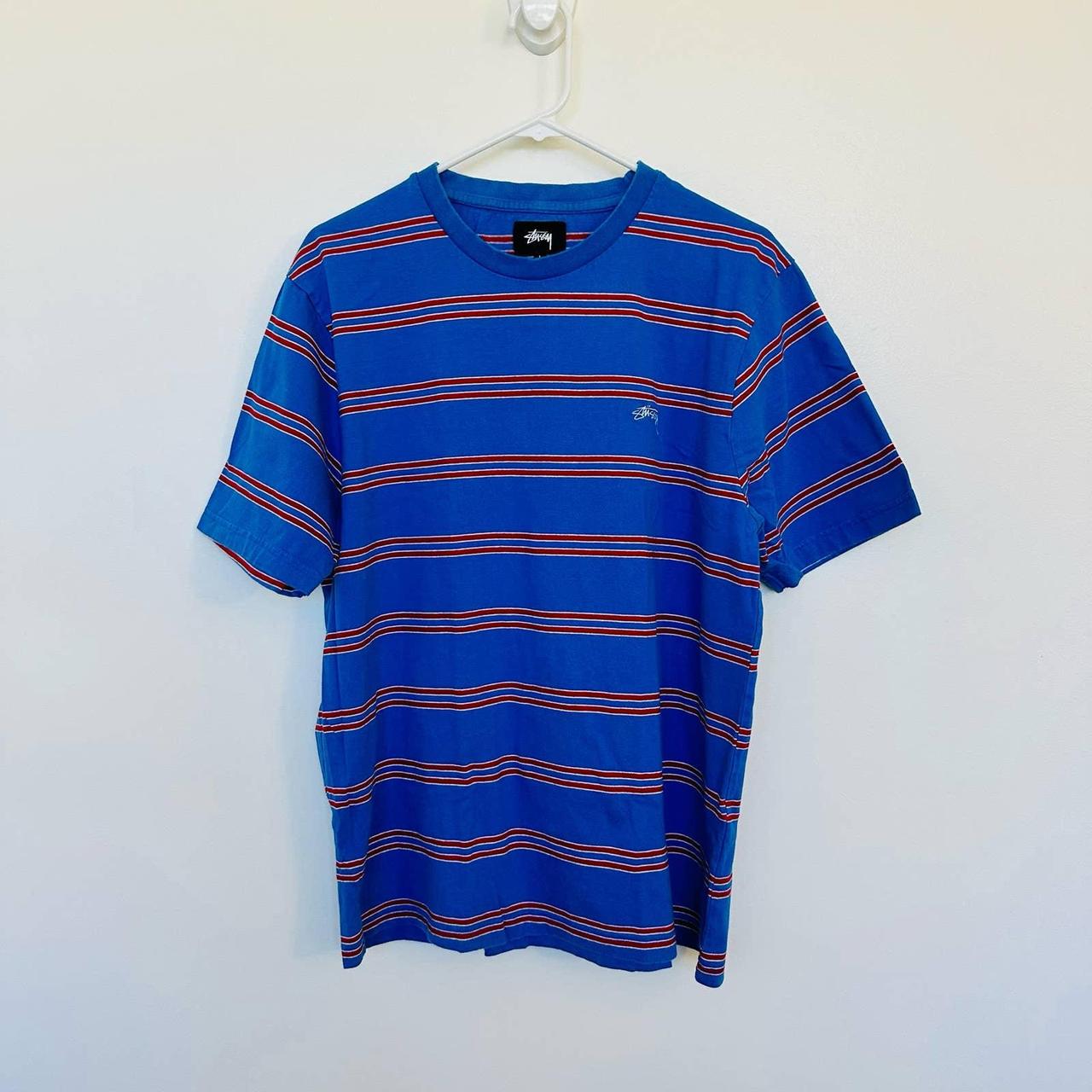 Stussy Red and Blue Striped Short Sleeve T-Shirt.... - Depop