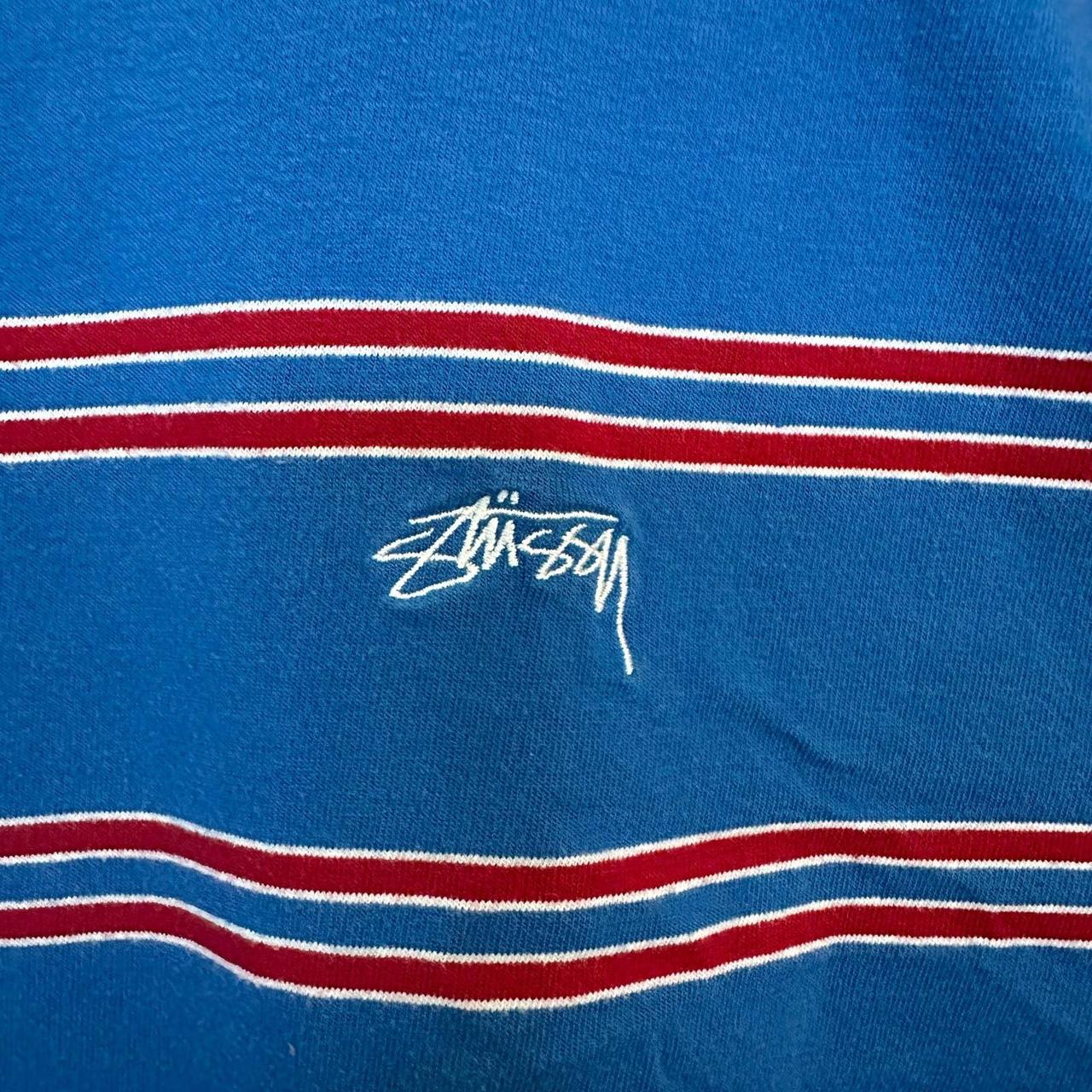 Stussy Red and Blue Striped Short Sleeve T-Shirt.... - Depop