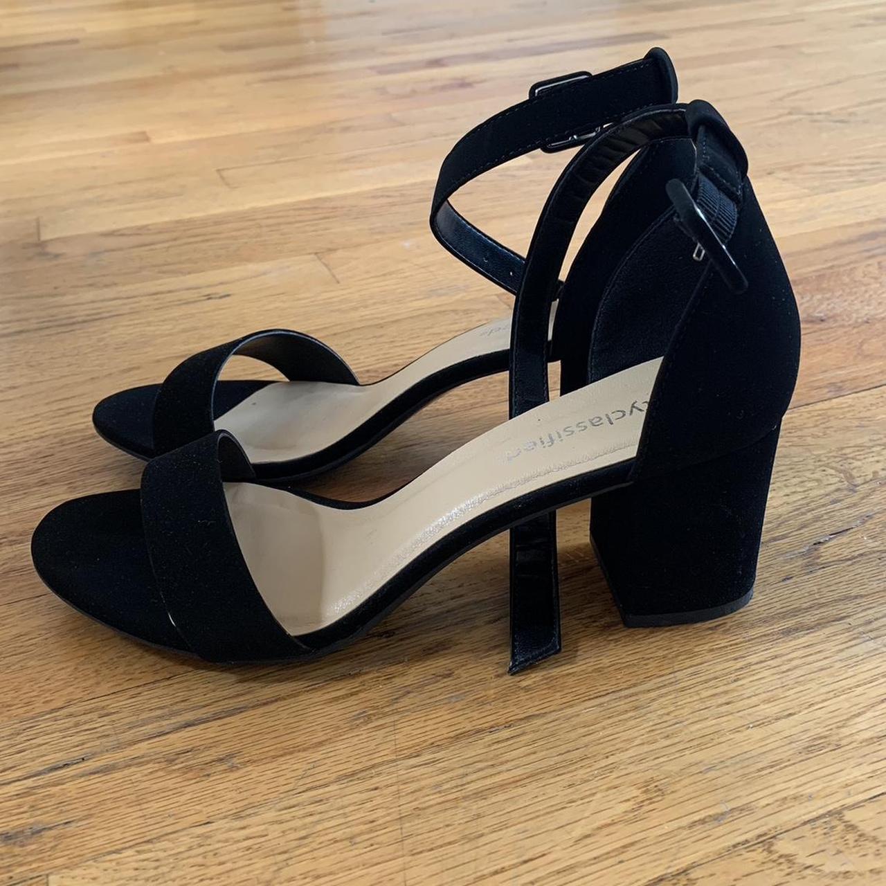 black suede open toed block heels never worn and... - Depop