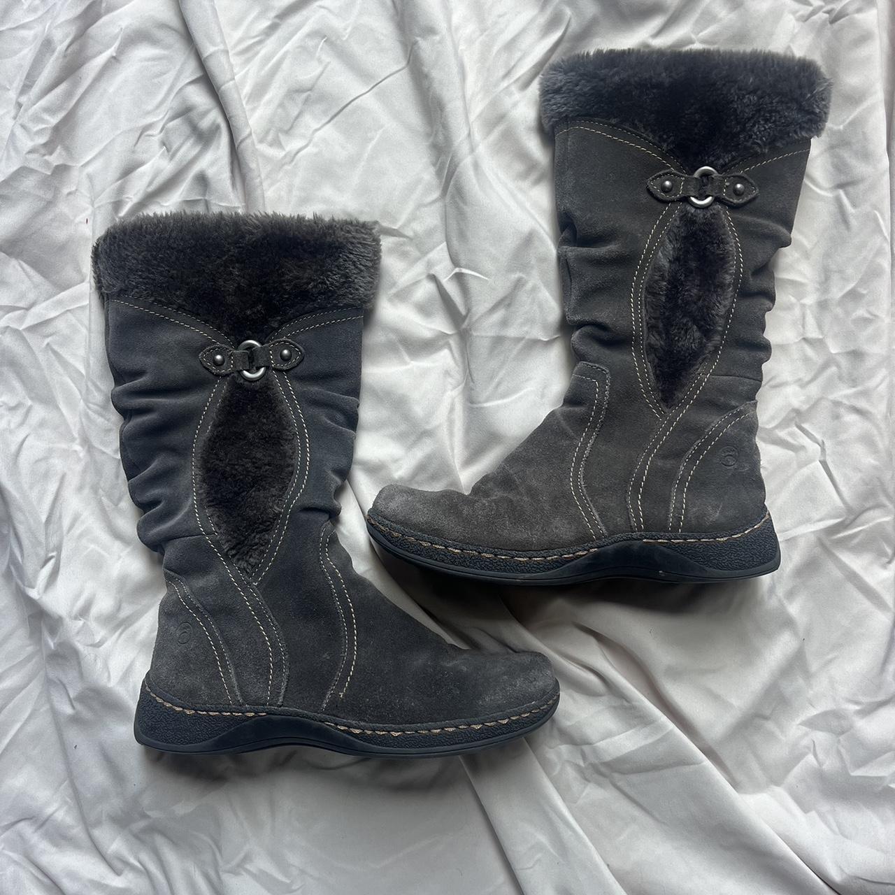 Grey boots with fur trim best sale