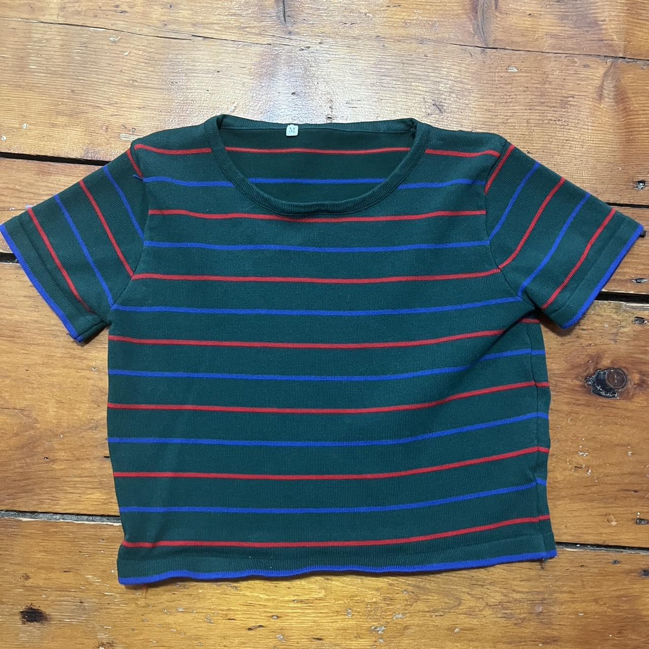 Green crop top with blue and red stripes Size... - Depop