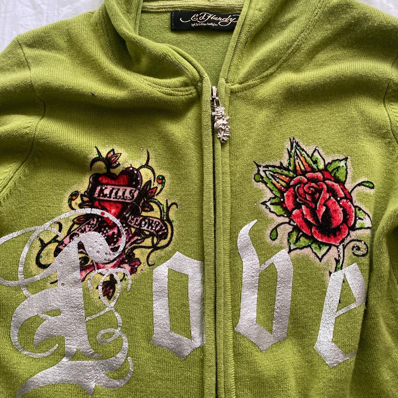 Ed Hardy Women's Green and Red Jumper | Depop