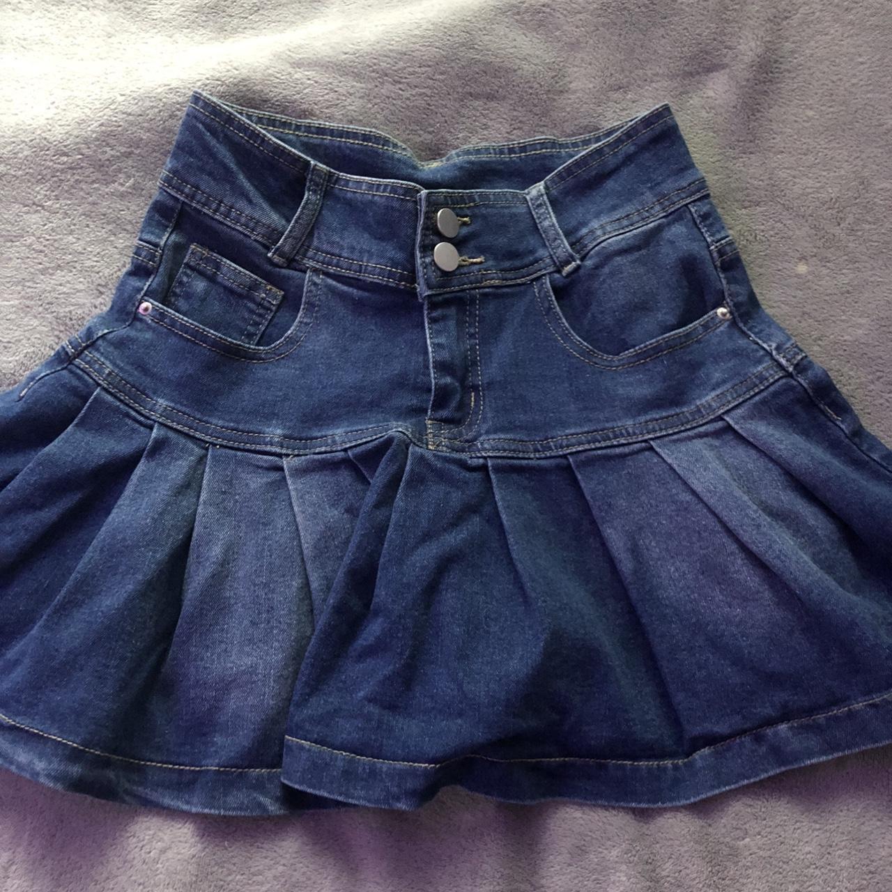 shein denim pleated skirt size s fits 6 material... - Depop