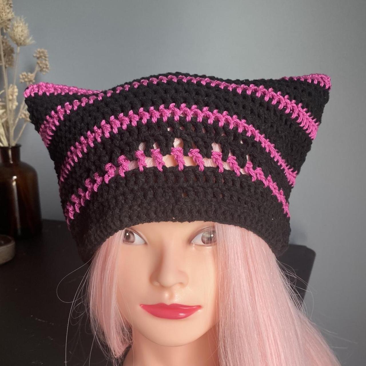 Pink n black crotchet cat hat🖤 Custom cat hats... - Depop