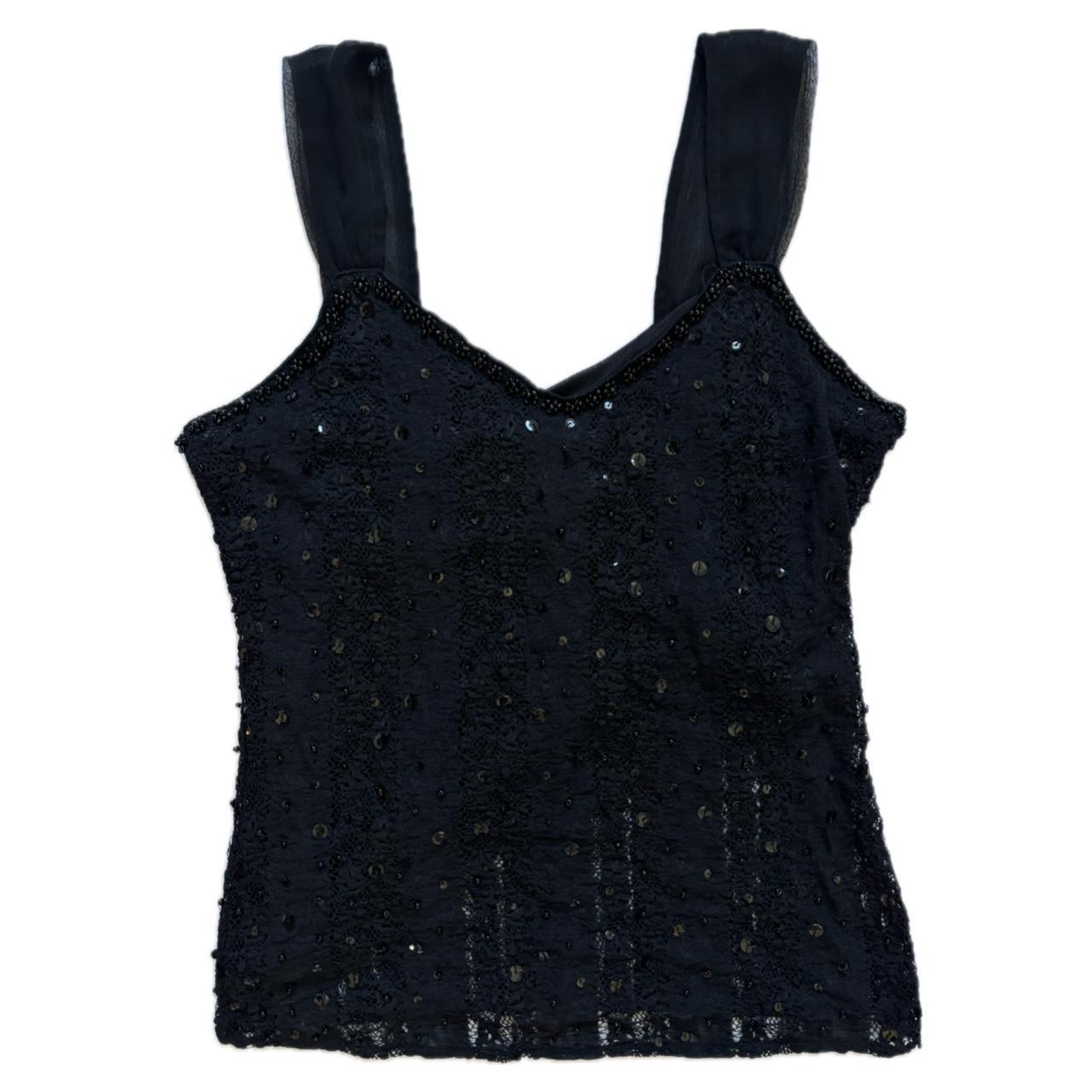 Black Embroidered Sequin Mesh Tank Top ♡ GORGEOUS... - Depop