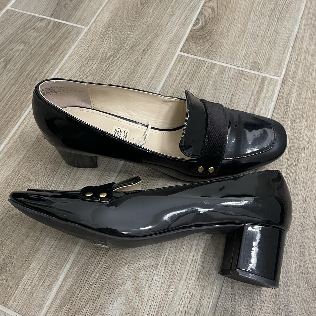 Black block heel loafers Size 11 womens Shiny... - Depop