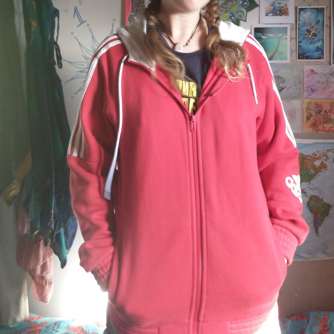 Red Adidas zip up hoodie With white braided... Depop