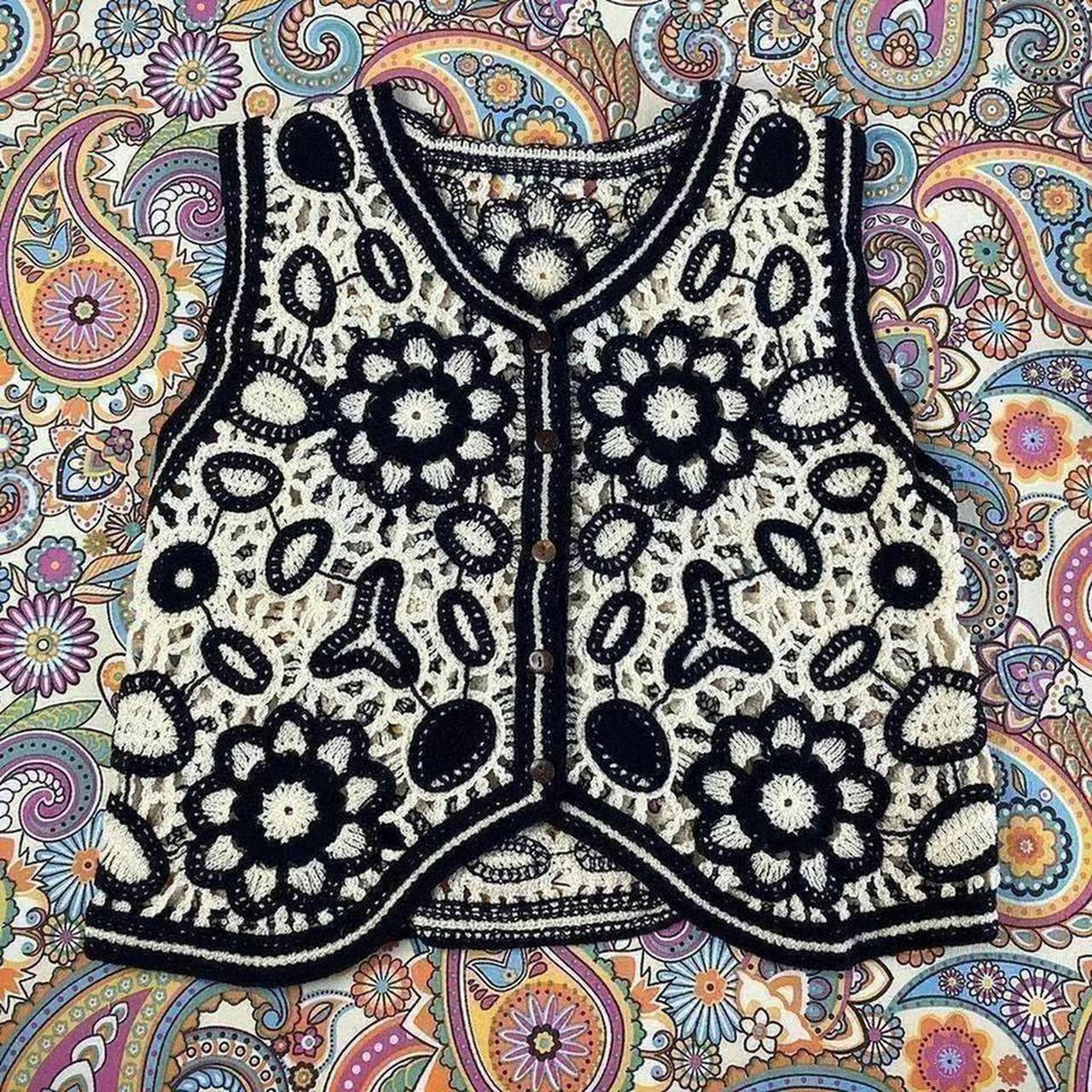CROCHET WAISTCOAT black and cream crochet waistcoat... Depop