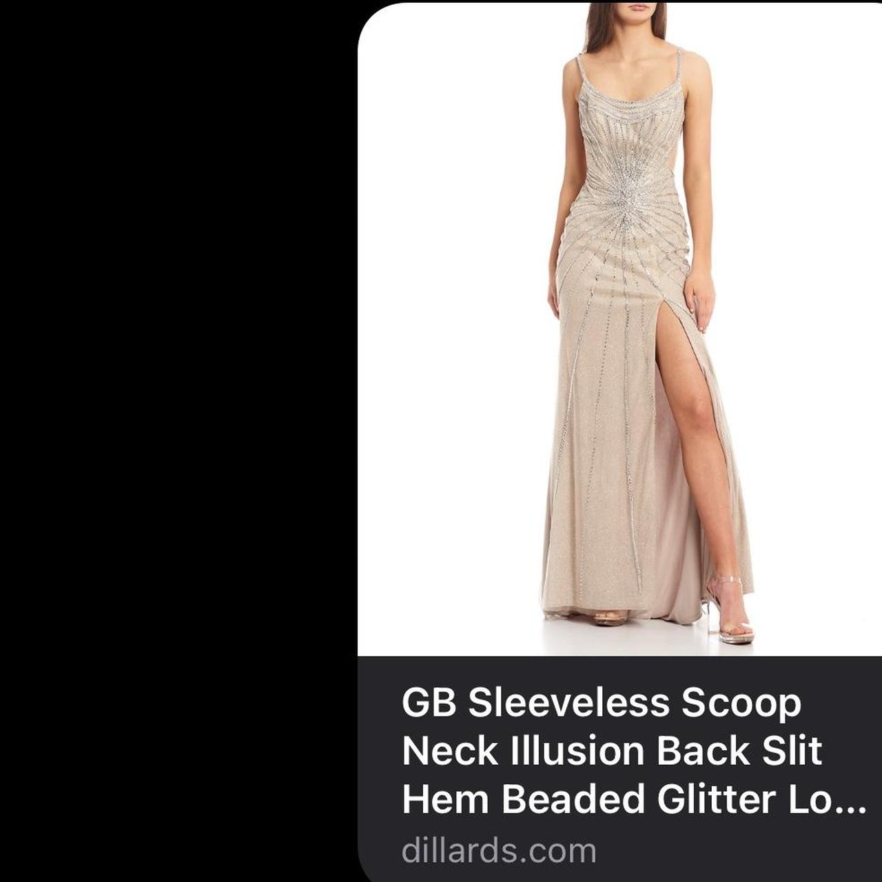 GB Sleeveless Scoop Neck Illusion Back Slit Hem Beaded Glitter Long Dress
