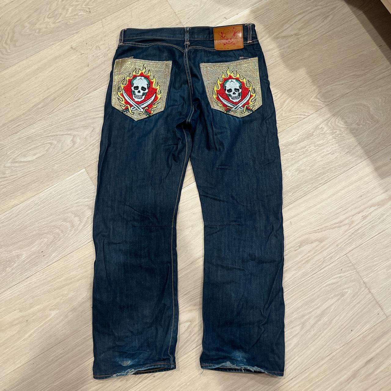 パンツ Ex hardy 2000 grunge y2k Vintage ed hardy jeans Y2K Tear on the bottom | Depop