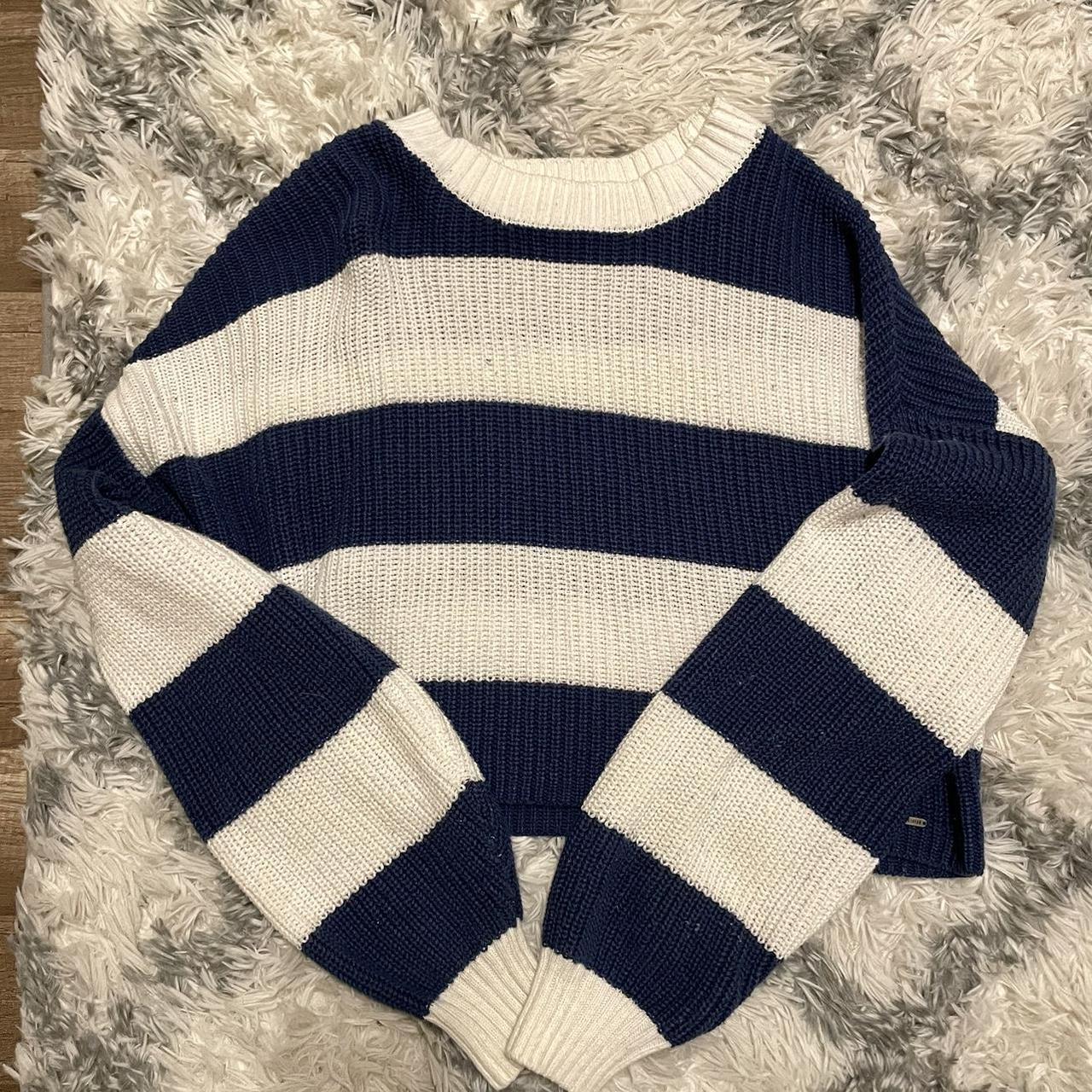 hollister navy blue and white striped sweater -size... - Depop