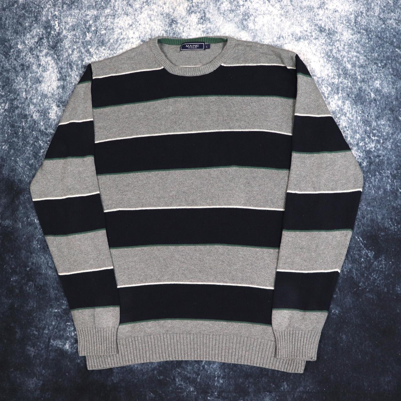 Vintage Grey, Navy, White & Green Striped Jumper |... - Depop