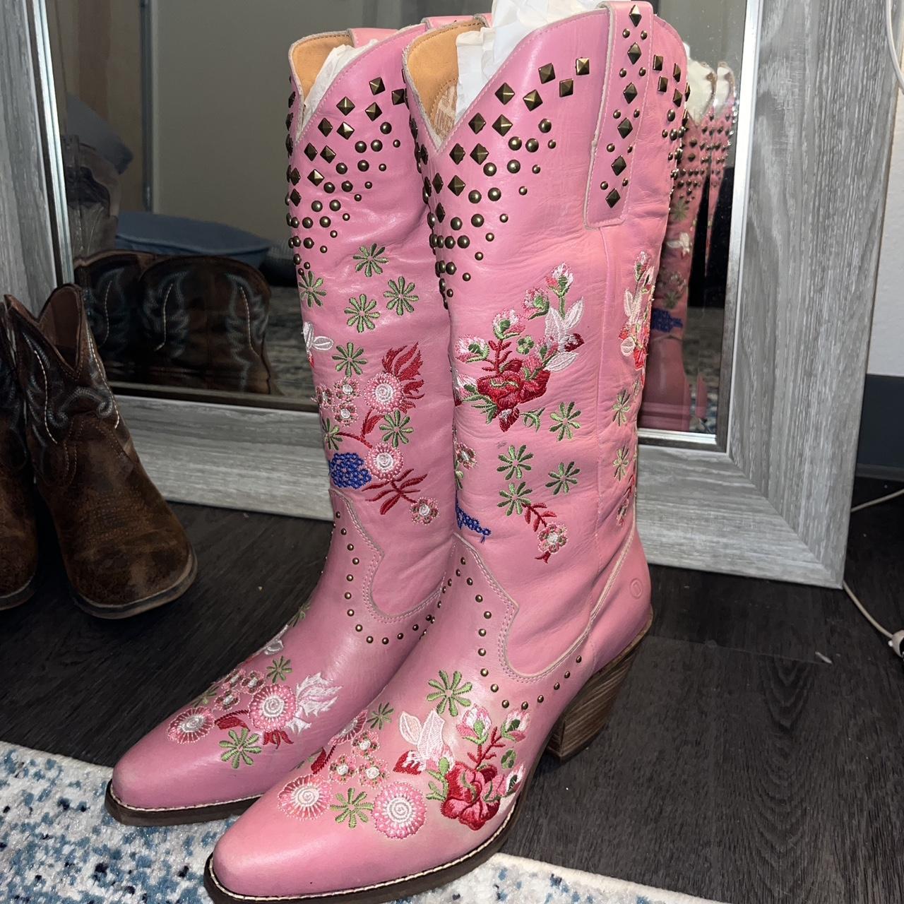 pink-floral-cowgirl-boots-size-9-5-tighter-fit-depop