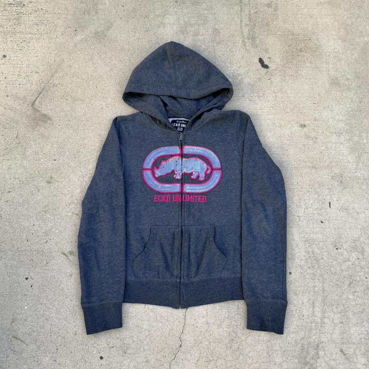 y2k Ecko Unltd. Zip-up Hoodie Charcoal/Pink Tagged... - Depop