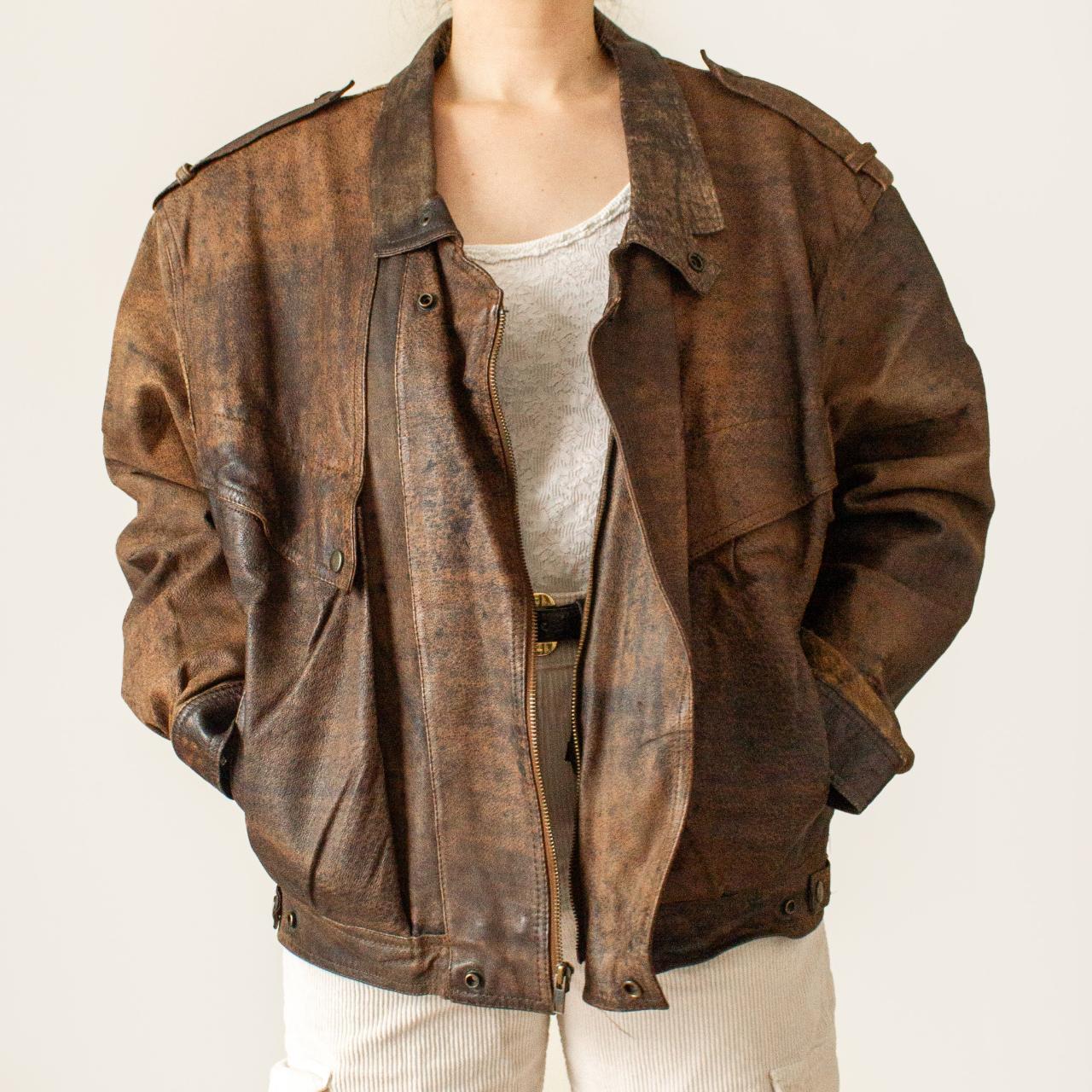 Vintage brown leather bomber jacket Tag size L Pit... - Depop