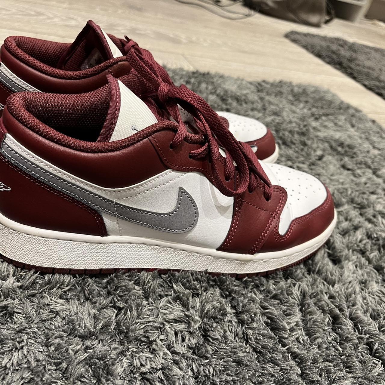 low top burgundy jordans