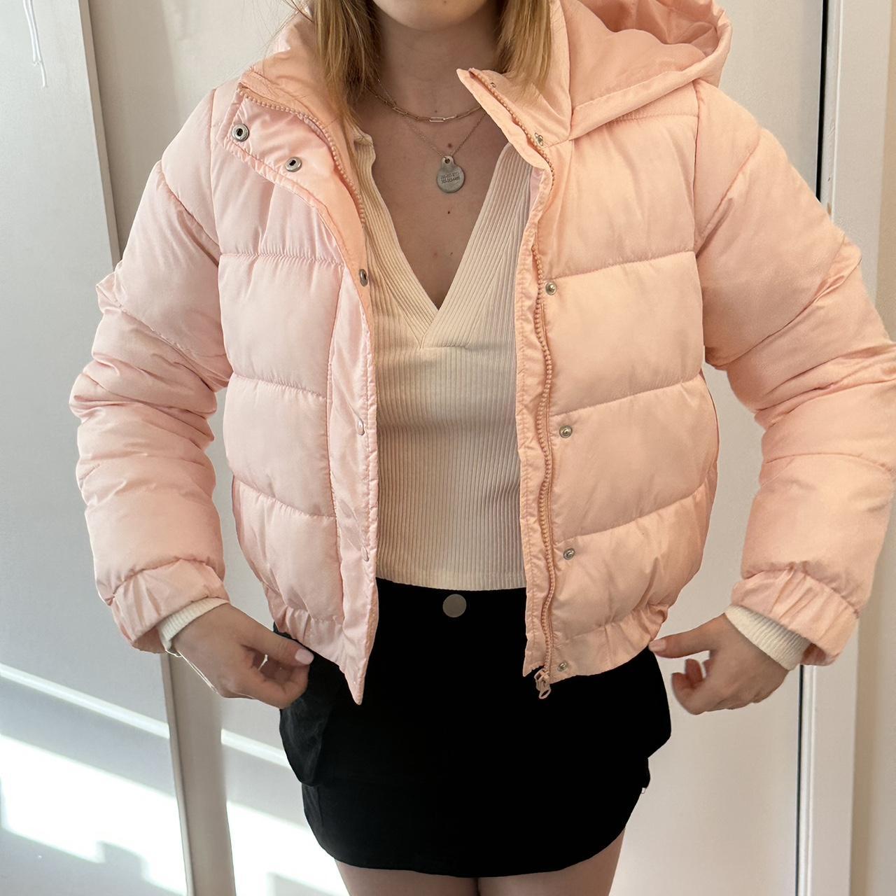Cropped baby pink puffer jacket size S can fit... Depop