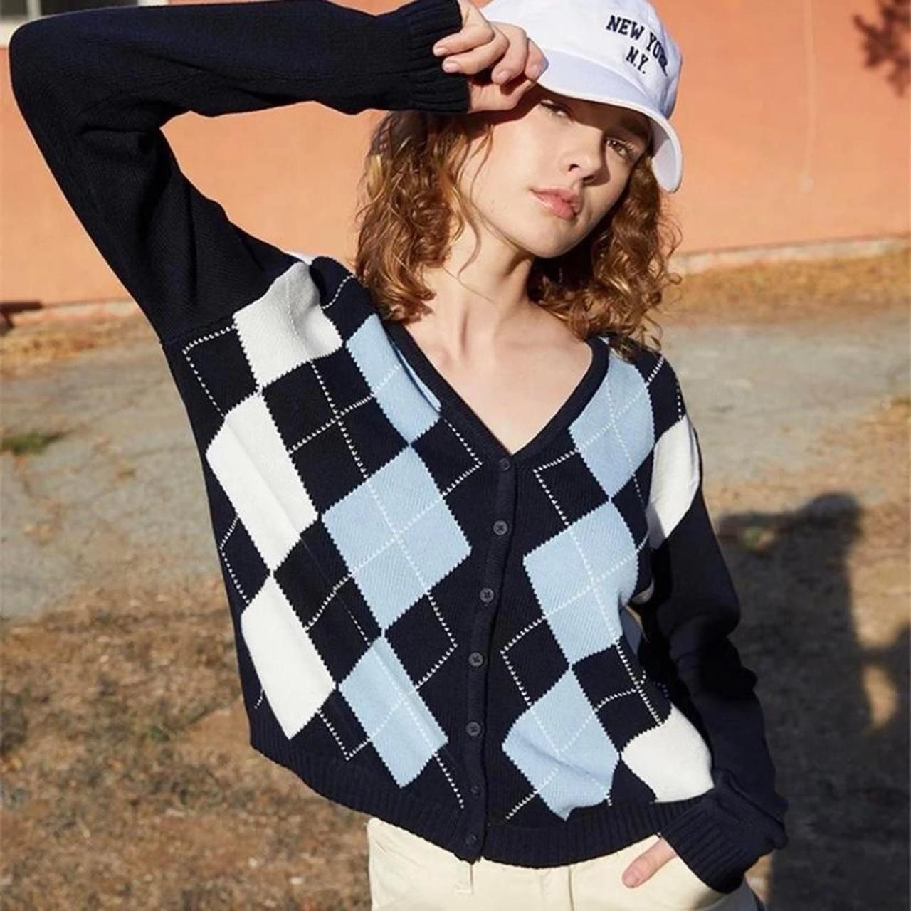 Melville Sweaters Elizabeth Argyle Sweater Argyle Cardigan Brandy