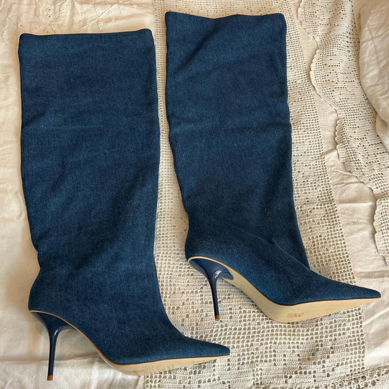 NWOT GOOD AMERICAN slouchy denim thigh high boots. Depop