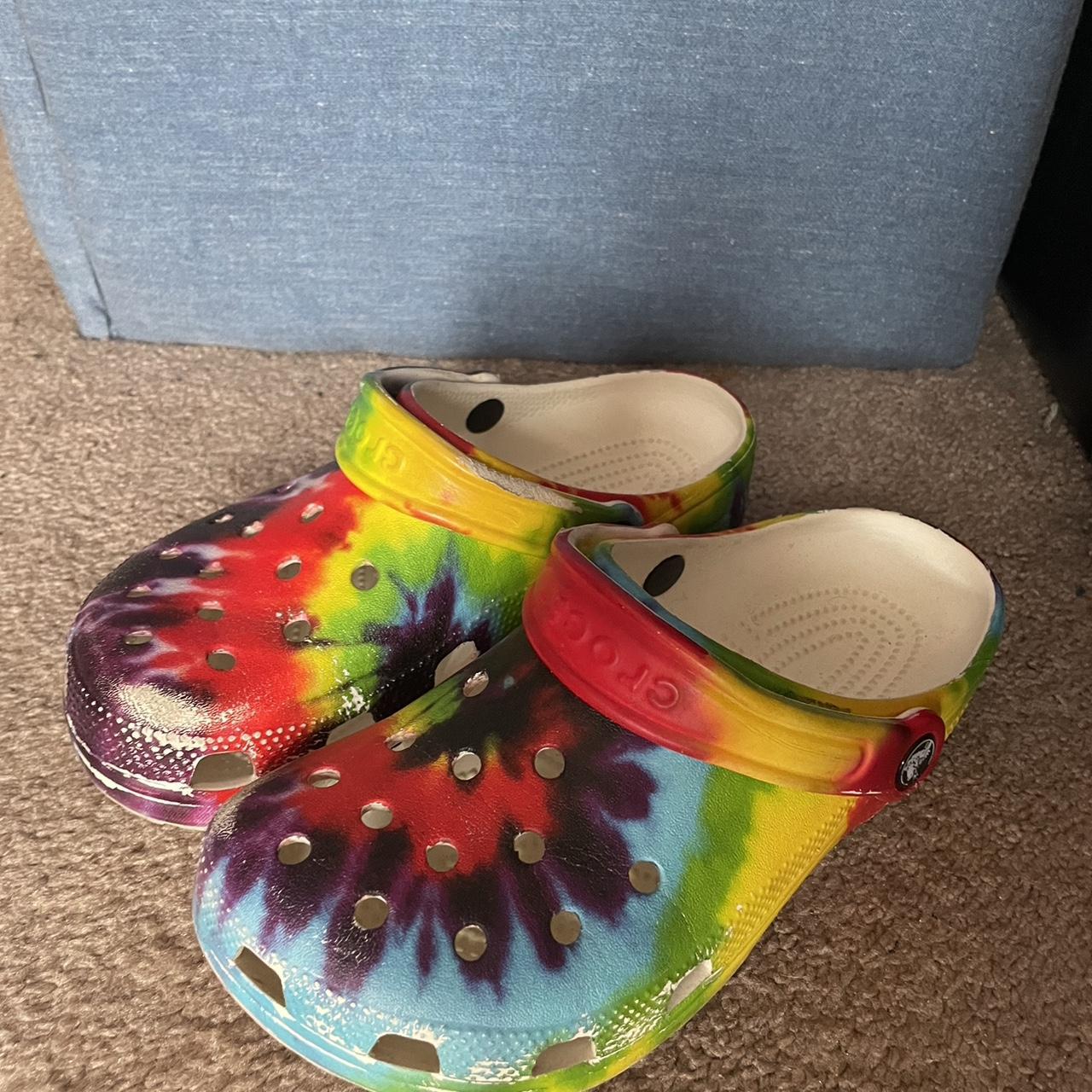 tye dye crocs mens 5 womens 7 wear and tear... - Depop