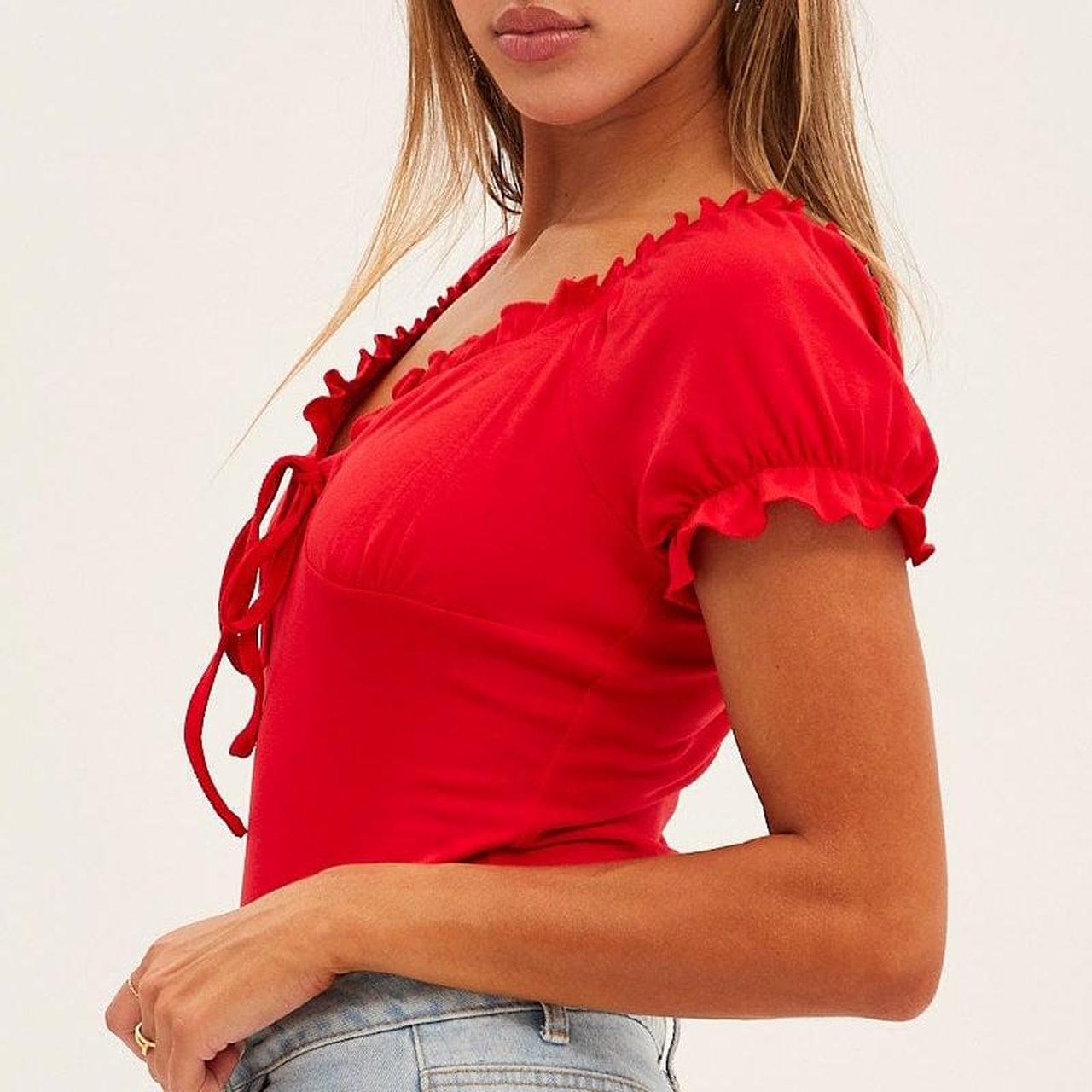 Red Off Shoulder Ribbed Bodysuit