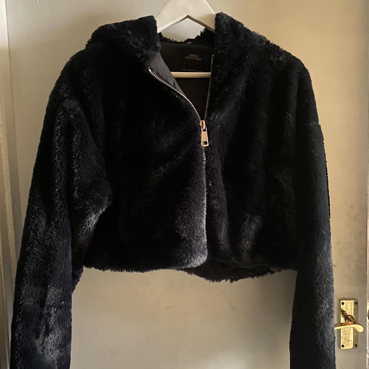 Fluffy cropped coat jacket Faux fur black hoodie... - Depop