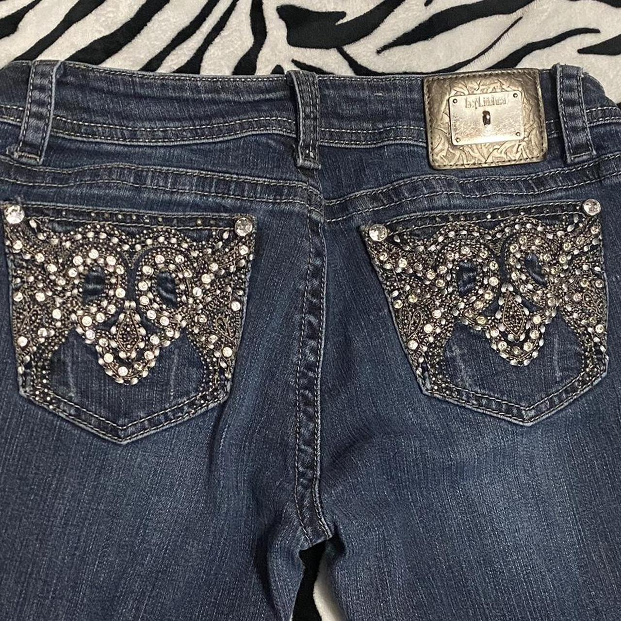 LA IDOL medium wash bedazzled low rise jeans - size... - Depop