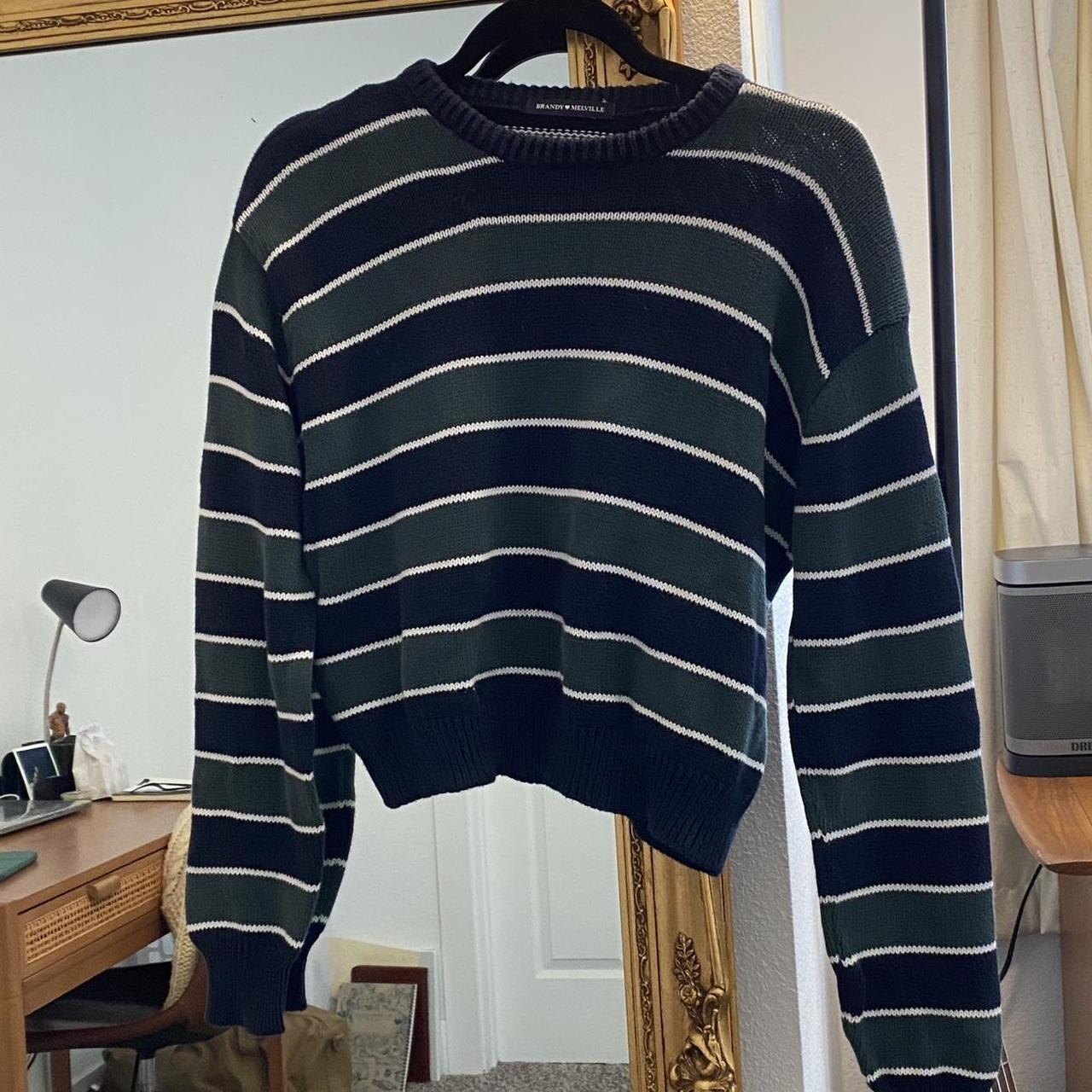 Brandy Melville Green and Blue Striped sweater One... - Depop