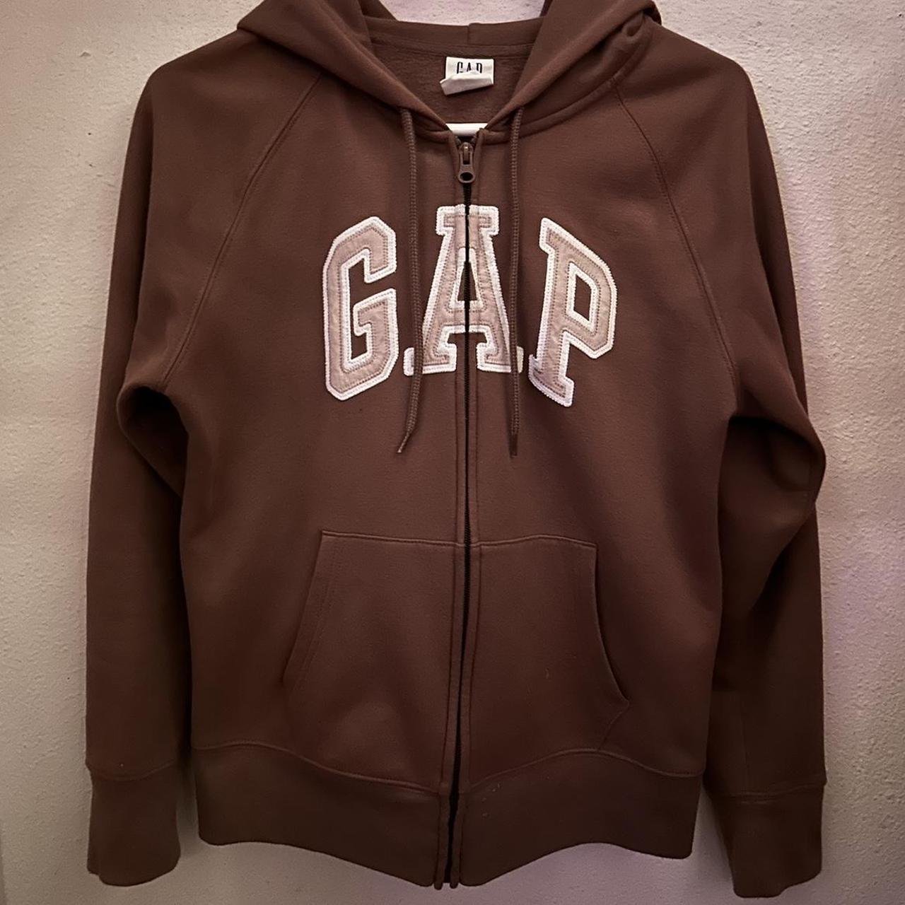 Brown graphic hoodie from Gap. Red lettering and red - Depop