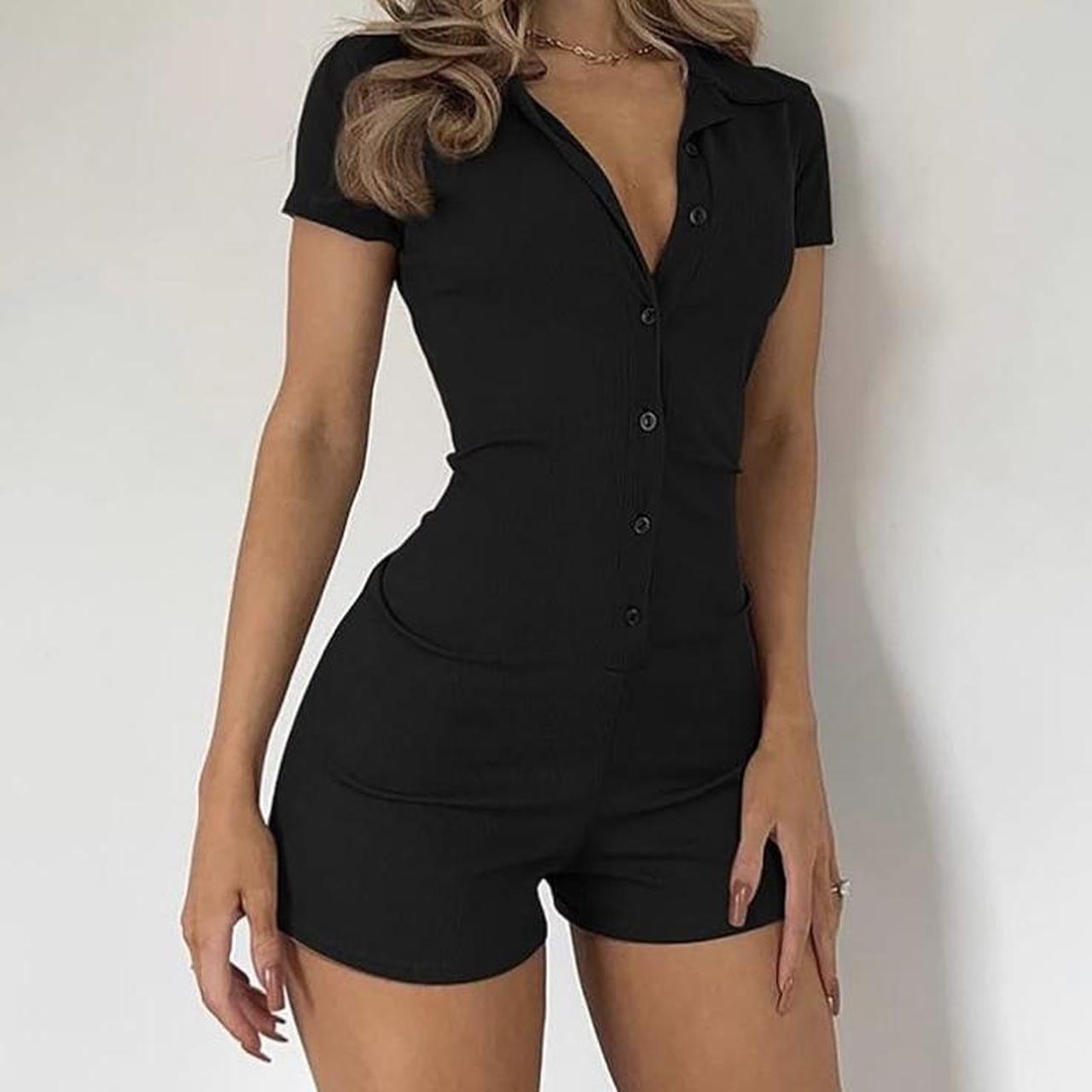 black button up bodycon romper great for halloween. Depop