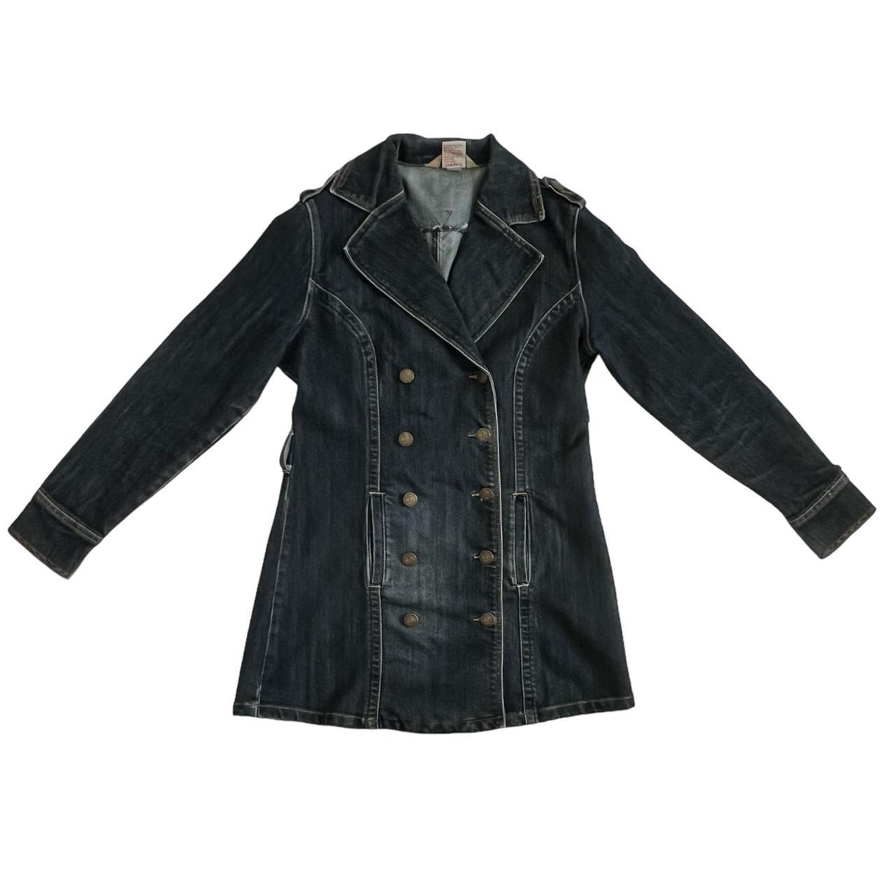 VINTAGE DENIM TRENCH COAT 90s dark blue Depop