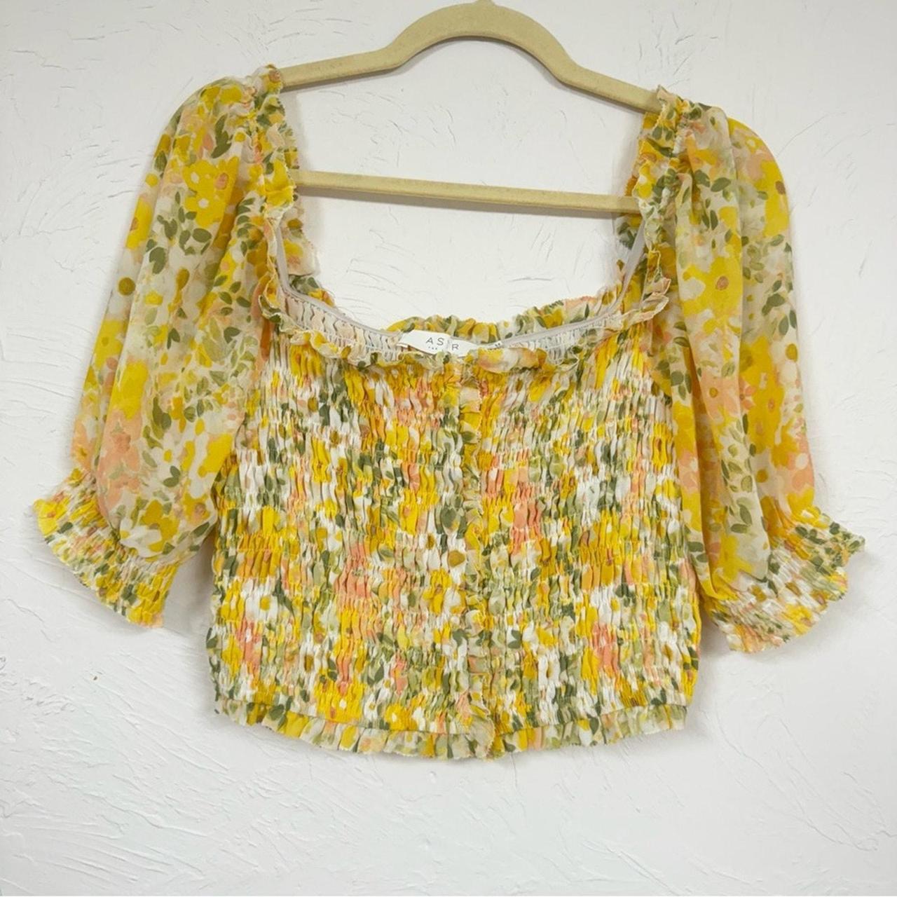 Women's Blouse - Yellow/Green - M – Astr Yellow Ditsy Floral Puff Sleeve Blouse …