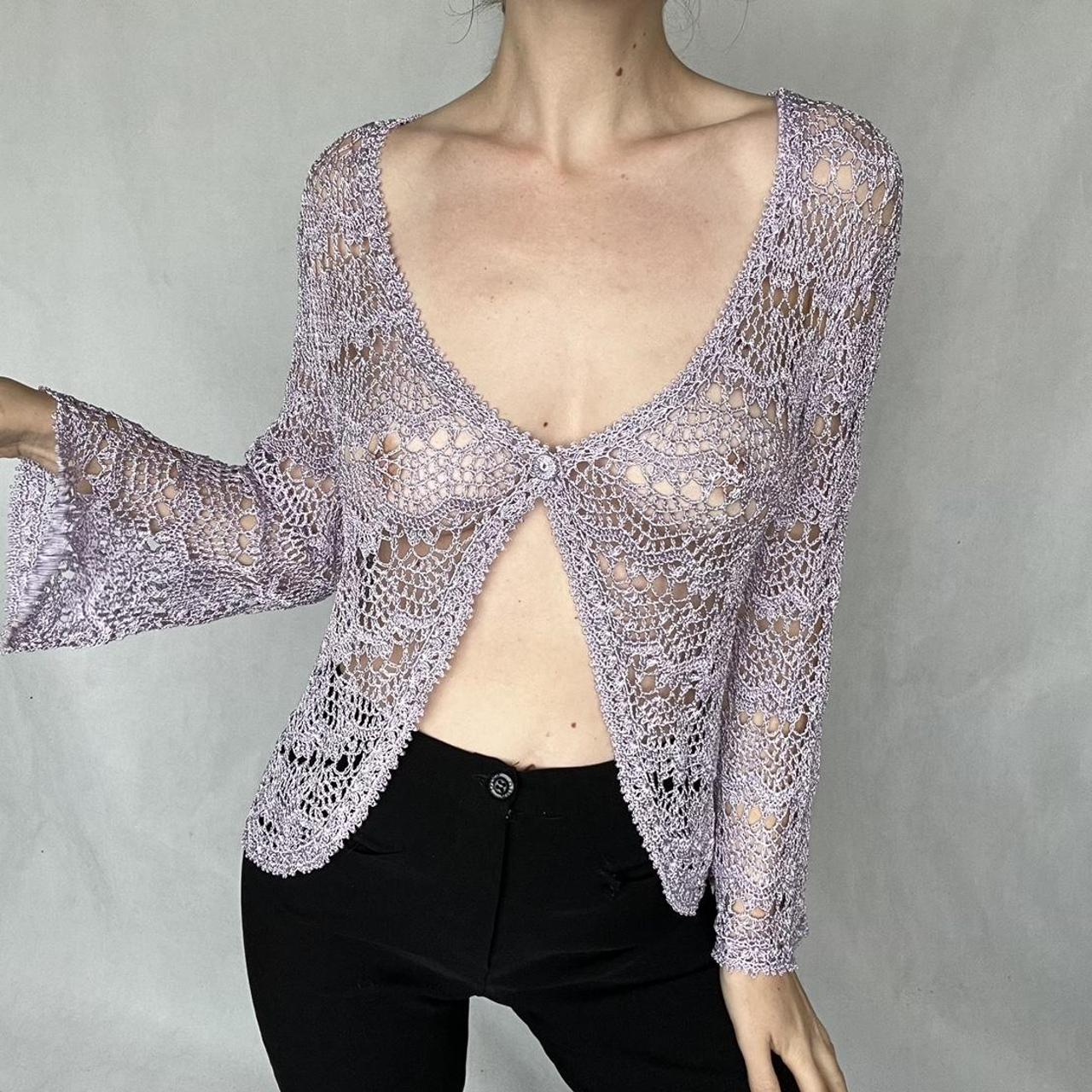Purple lilac crochet knit long sleeve button up... Depop