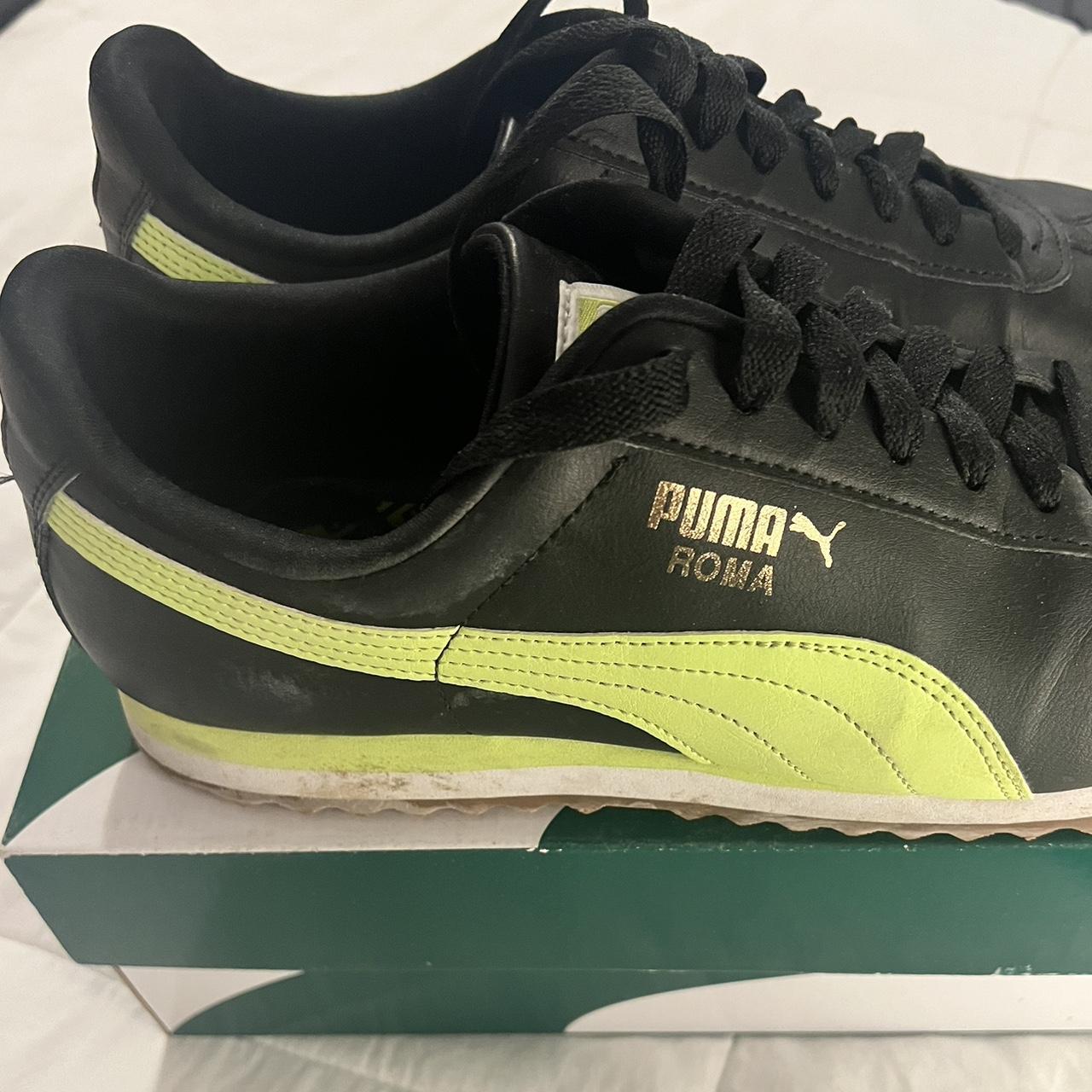 10.5 black and neon green puma roma Barely ever worn - Depop