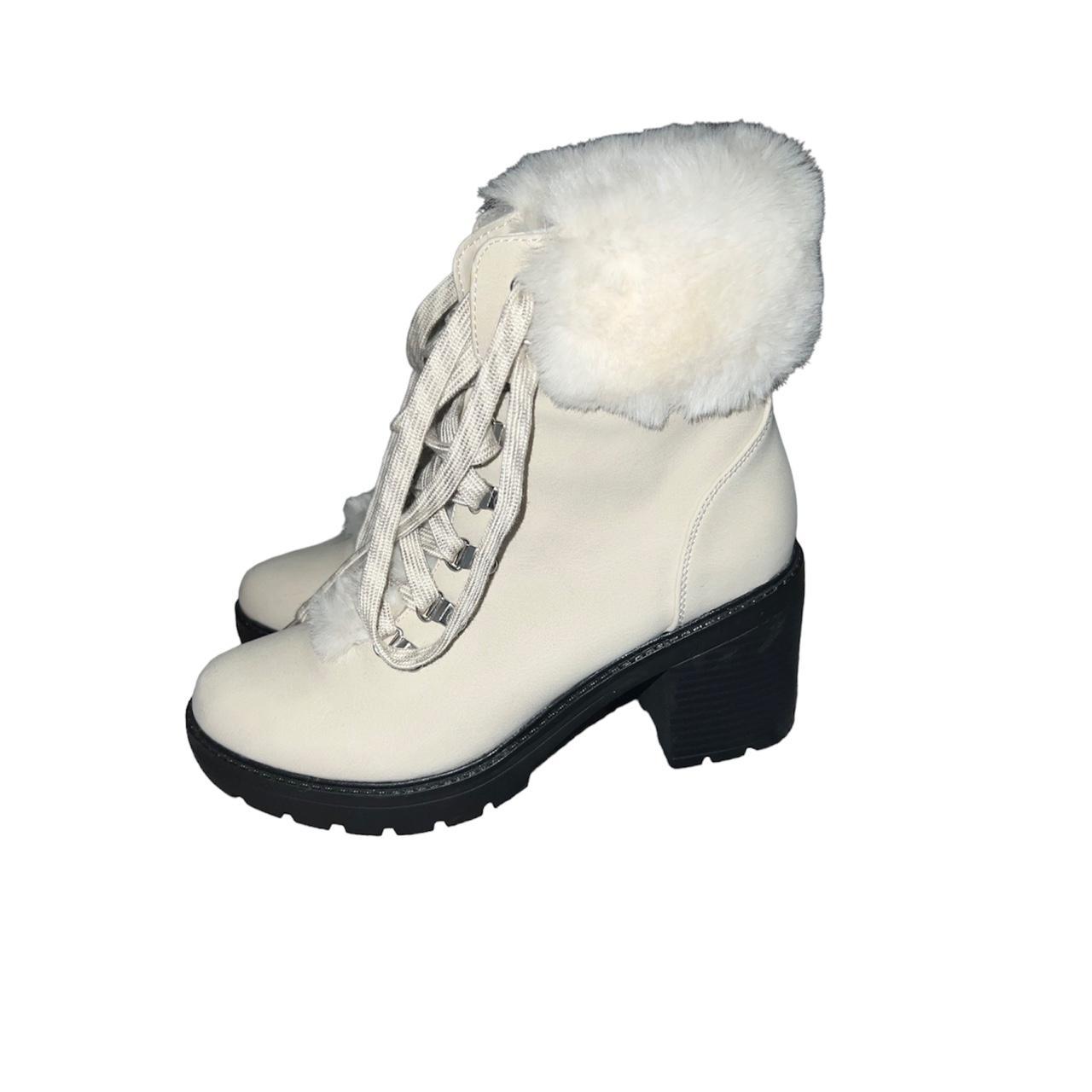 cream and white furry y2k heeled snow boots... - Depop