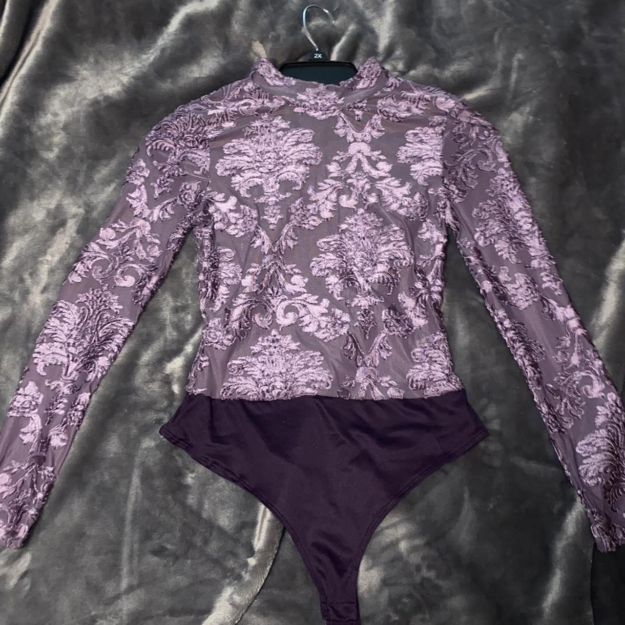 Purple velvet and mesh bodysuit #bodysuit... - Depop