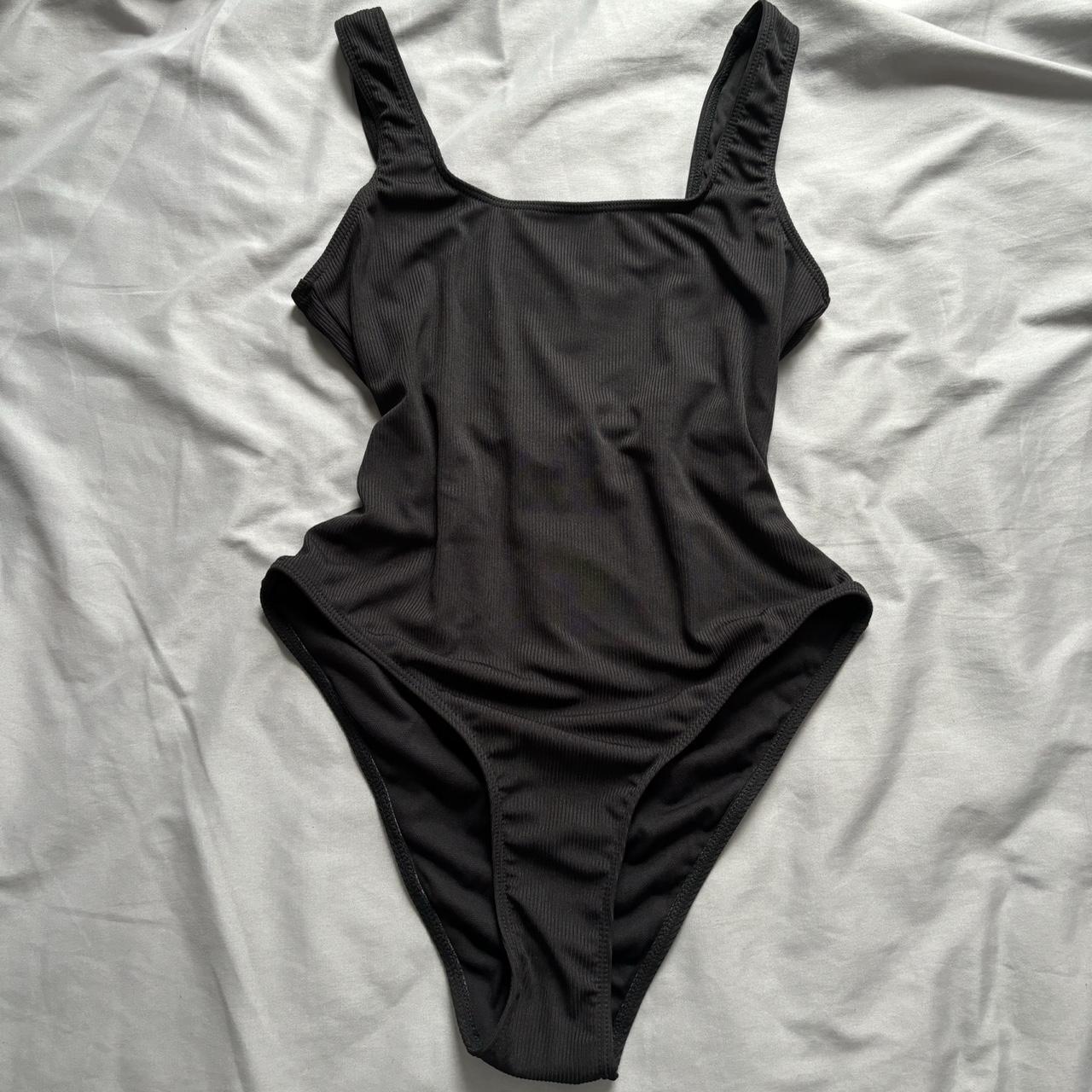 black ribbed one piece swimsuit size 10 - Depop