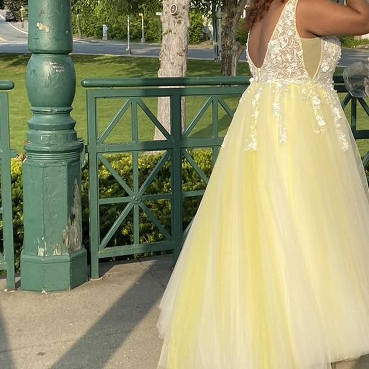 Jovani pastel yellow ball gown, embroidered pearl... Depop